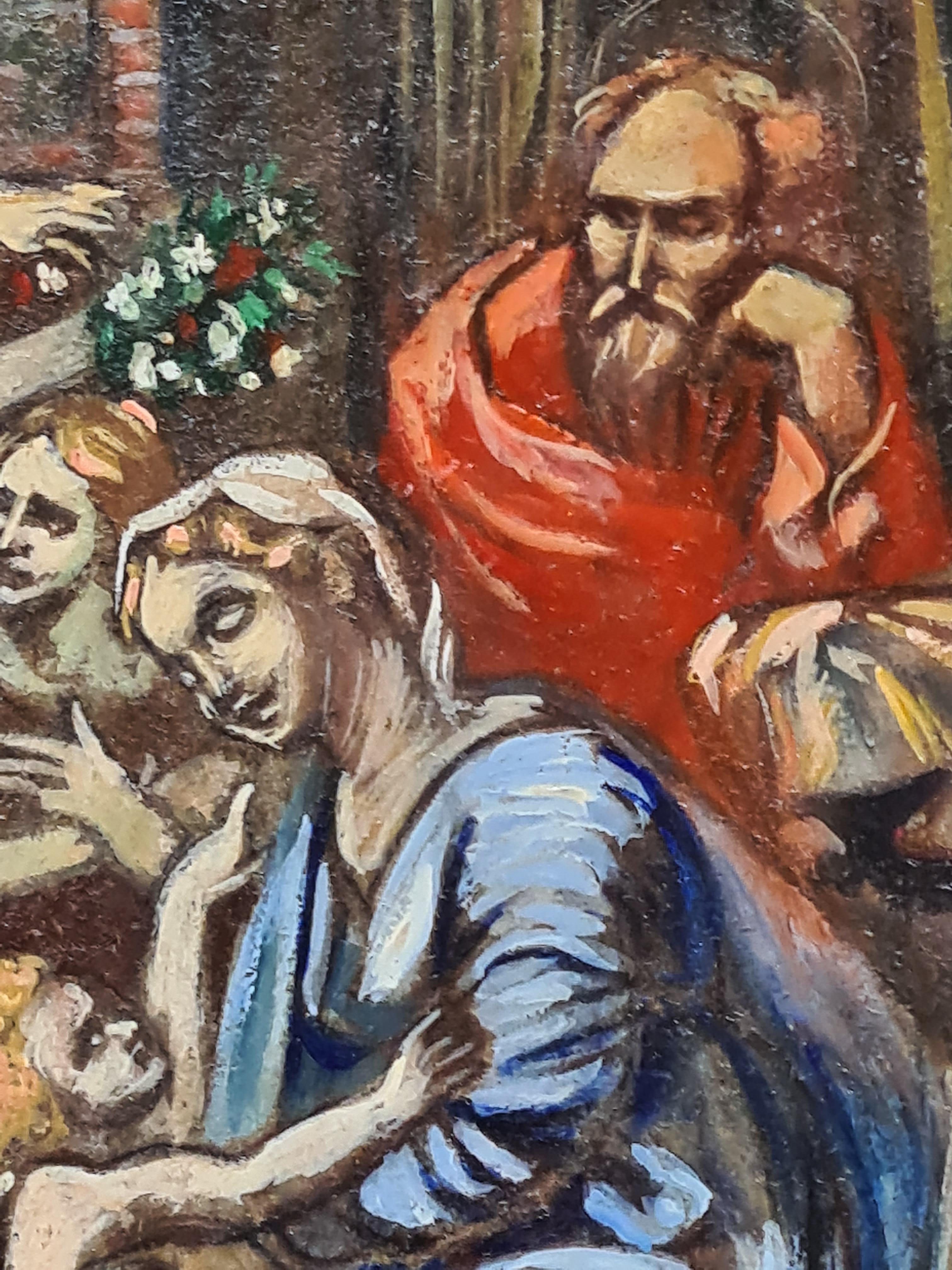 Gemälde der Heiligen Familie in Öl auf Karton vom Ende des 20. Jahrhunderts nach einem Werk von Raphael. Betitelt und mit Initialen auf der Rückseite der Karte.

Eine charmante akademische Studie über das berühmte Gemälde Die Heilige Familie von