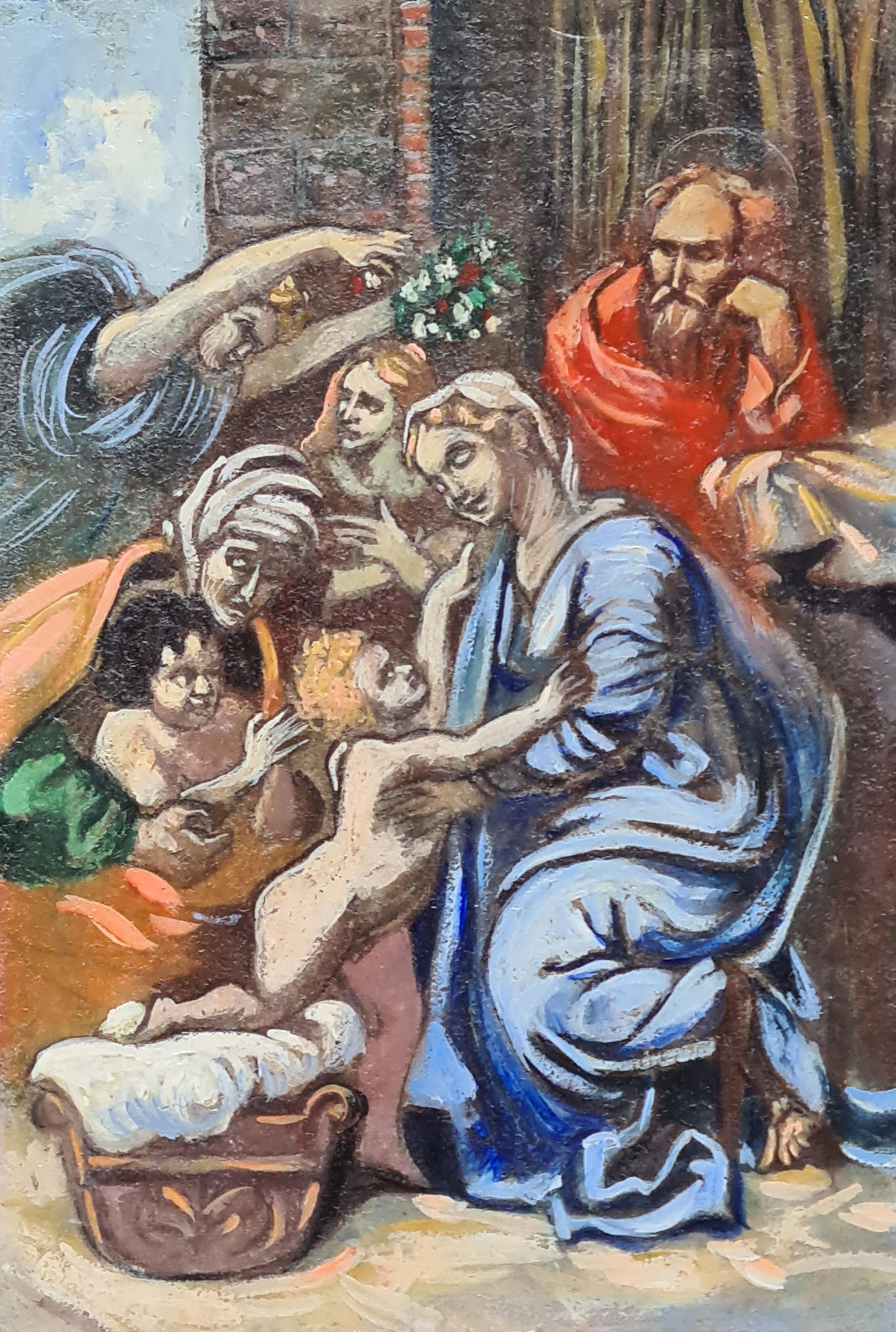 (after) Raphael (Raffaello Sanzio da Urbino) Figurative Painting – Ölgemälde im Renaissance-Stil auf Karton, Die Heilige Familie und Heilige Elizabeth, nach Raphael