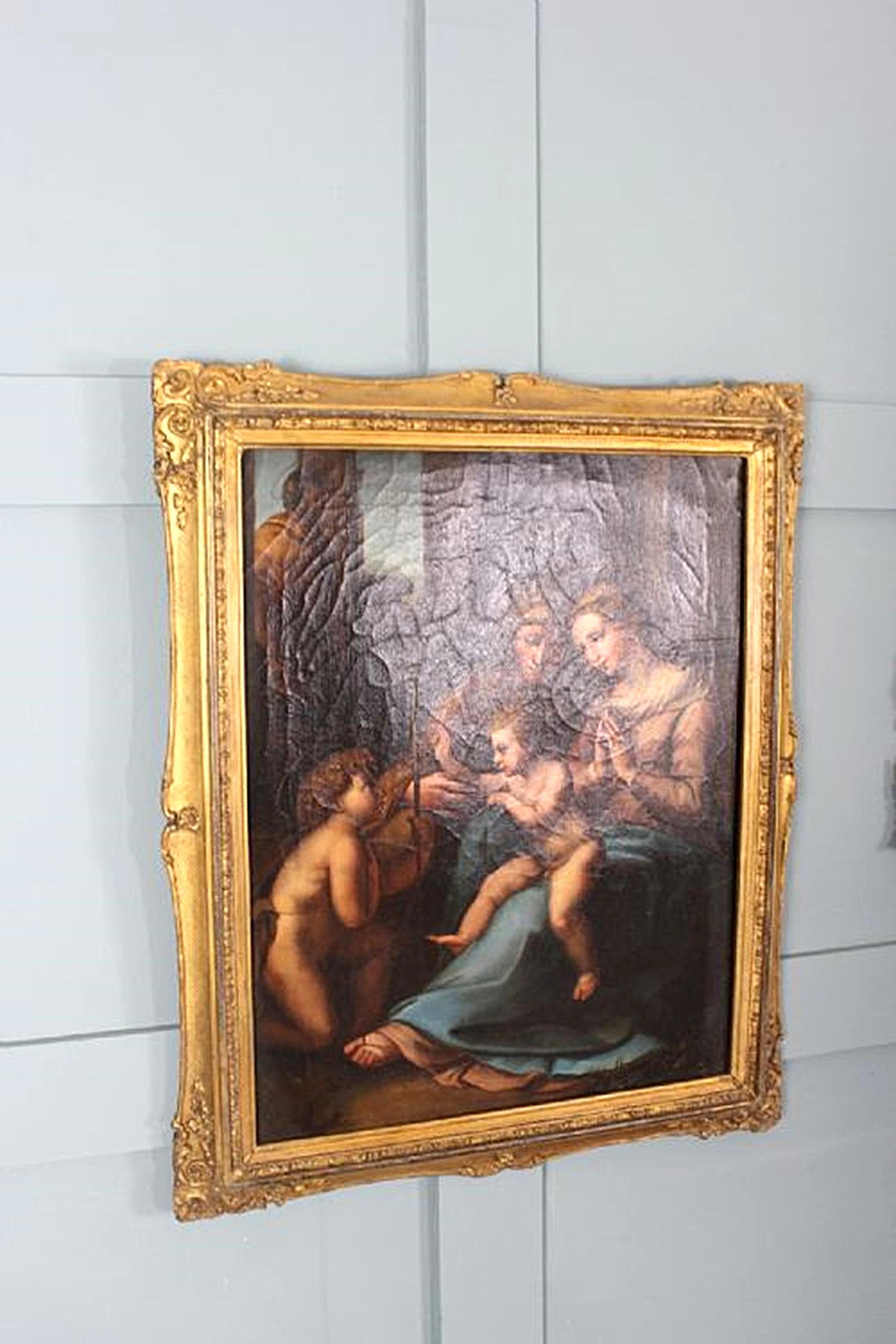 Italienische Schule des frühen 19. Jahrhunderts Öl auf Leinwand - nach Raphael
Die Heilige Familie mit der Heiligen Elisabeth und dem Säugling Saint John the Baptist
Einleitung: Ein von Raphael inspiriertes Meisterwerk
Dieses Ölgemälde der