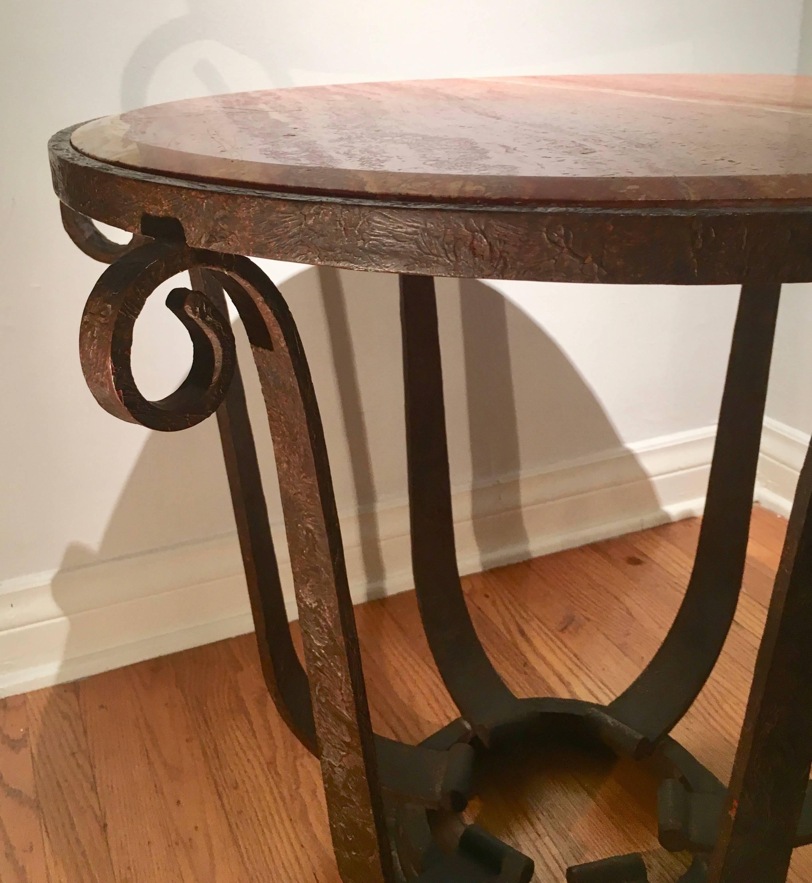 French After Raymond Subes Wrought Iron and Marble Table For Sale