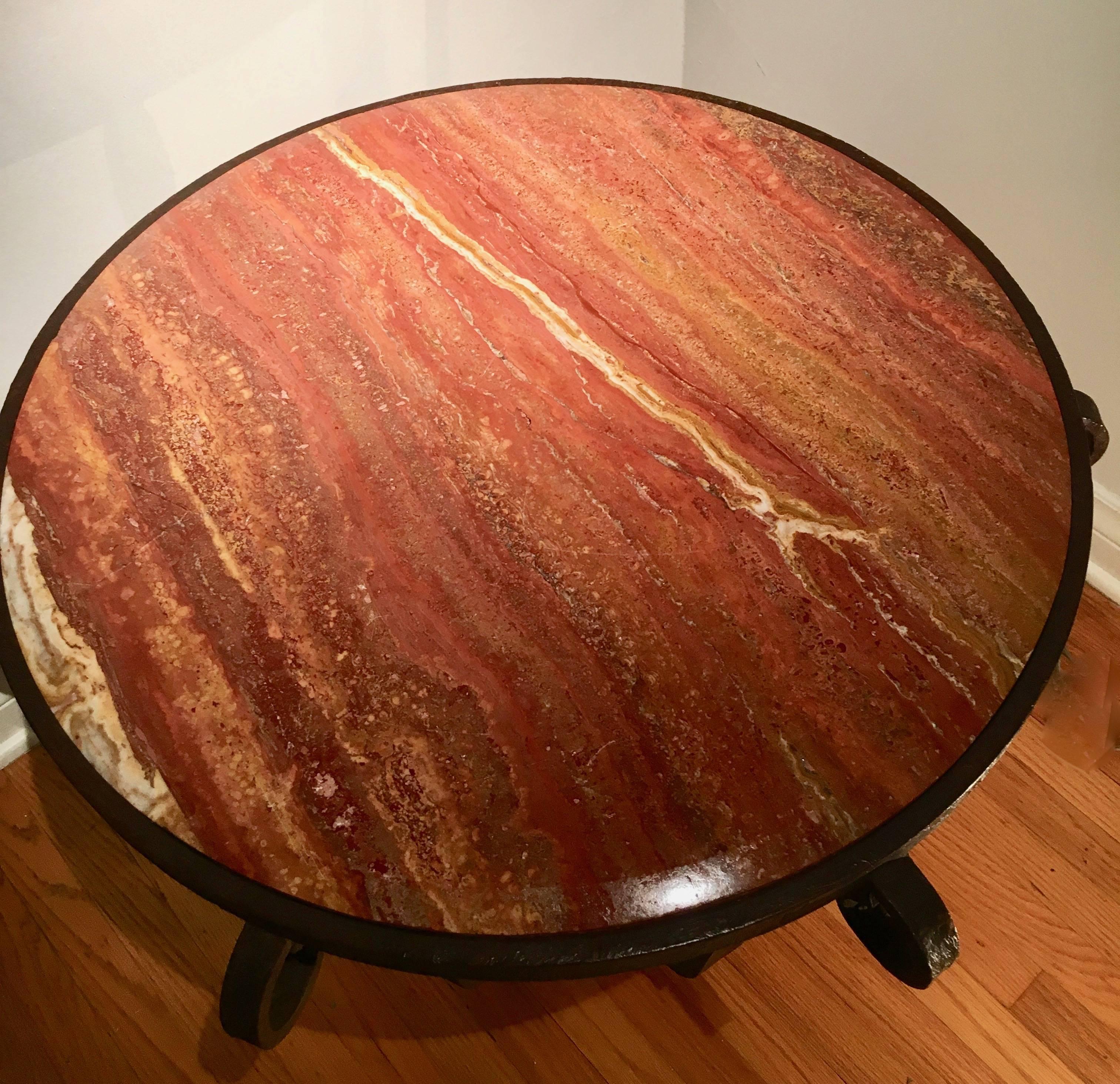 After Raymond Subes Wrought Iron and Marble Table In Good Condition For Sale In Los Angeles, CA