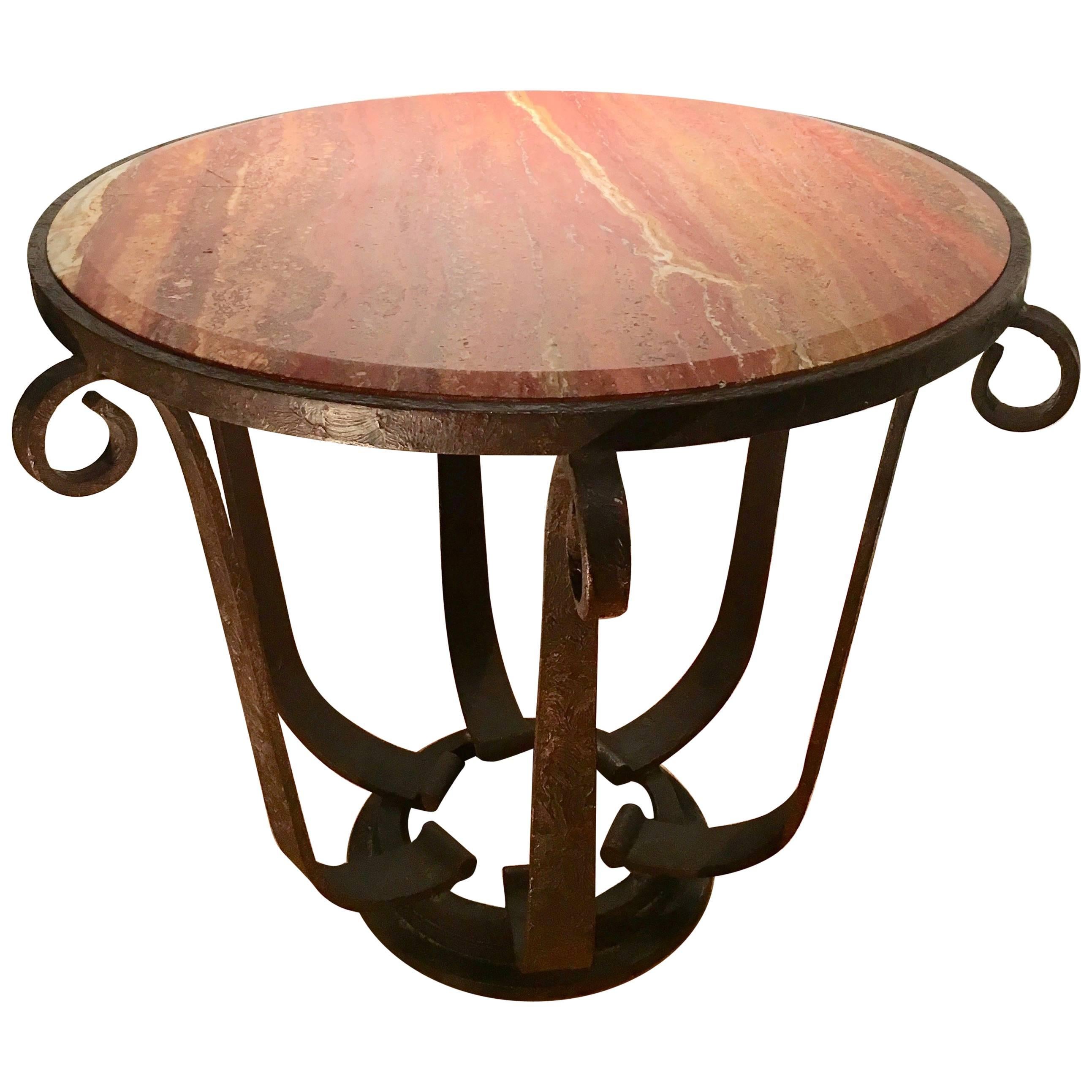 After Raymond Subes Wrought Iron and Marble Table For Sale