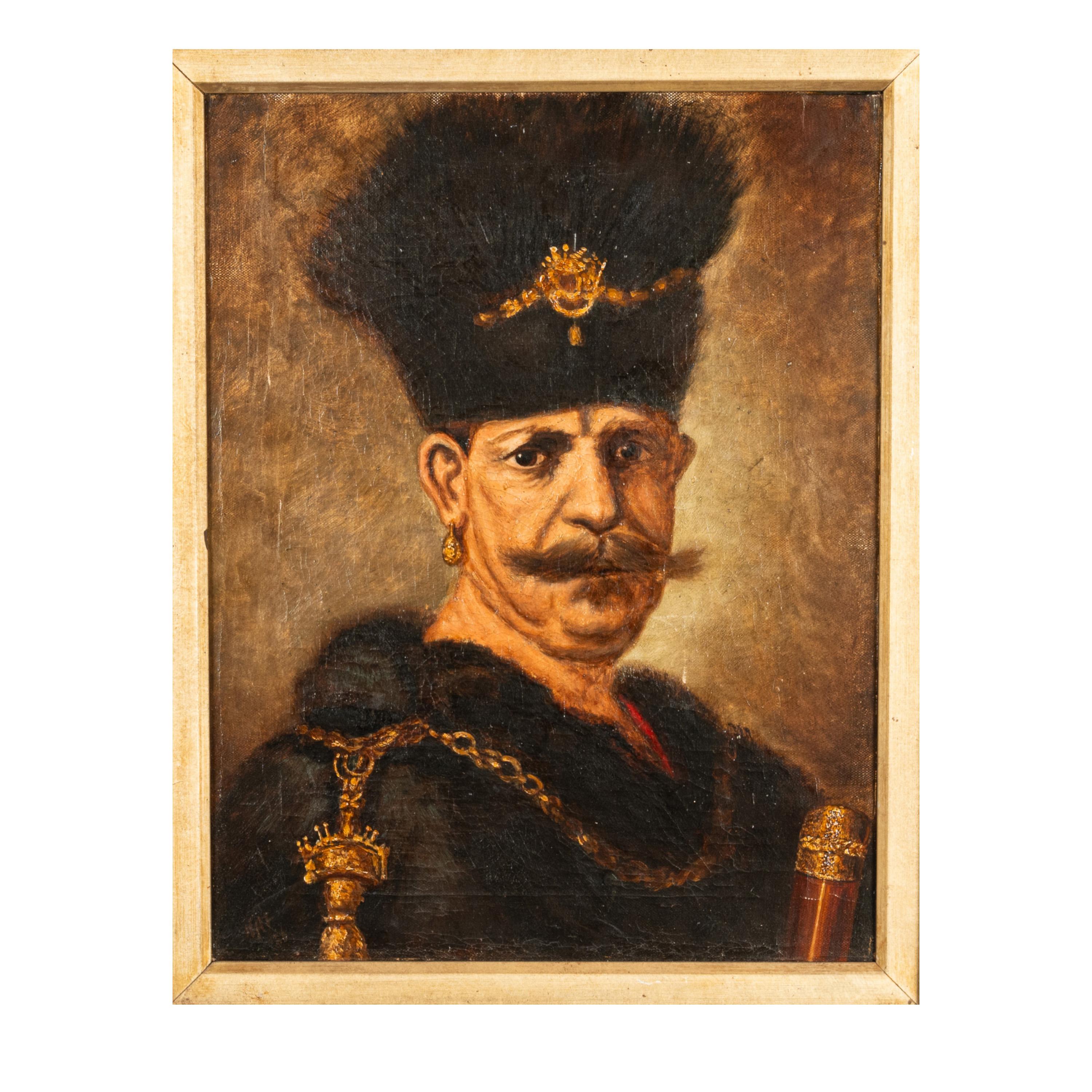 Antico olio su tela del XVIII secolo A.I.C. Ritratto di nobile polacco russo Rembrandt 1637 - Painting di (After) Rembrandt van Rijn 