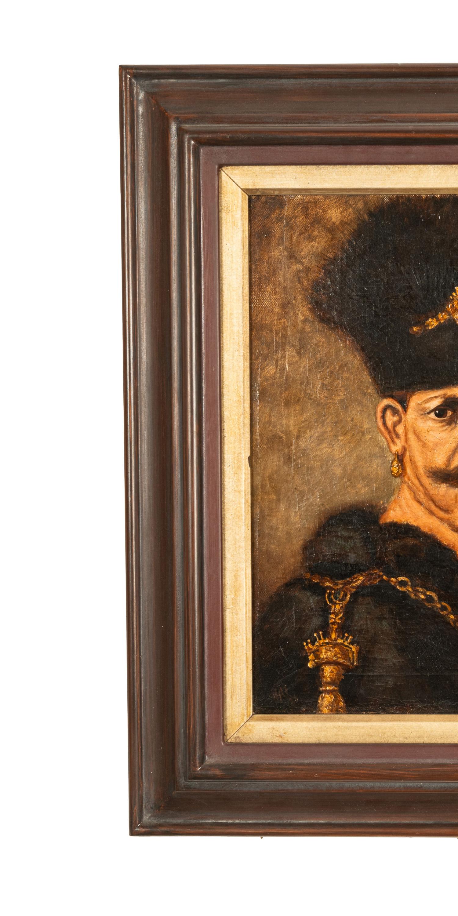 Antico olio su tela del XVIII secolo A.I.C. Ritratto di nobile polacco russo Rembrandt 1637 - Portrait Painting Marrone di (After) Rembrandt van Rijn 