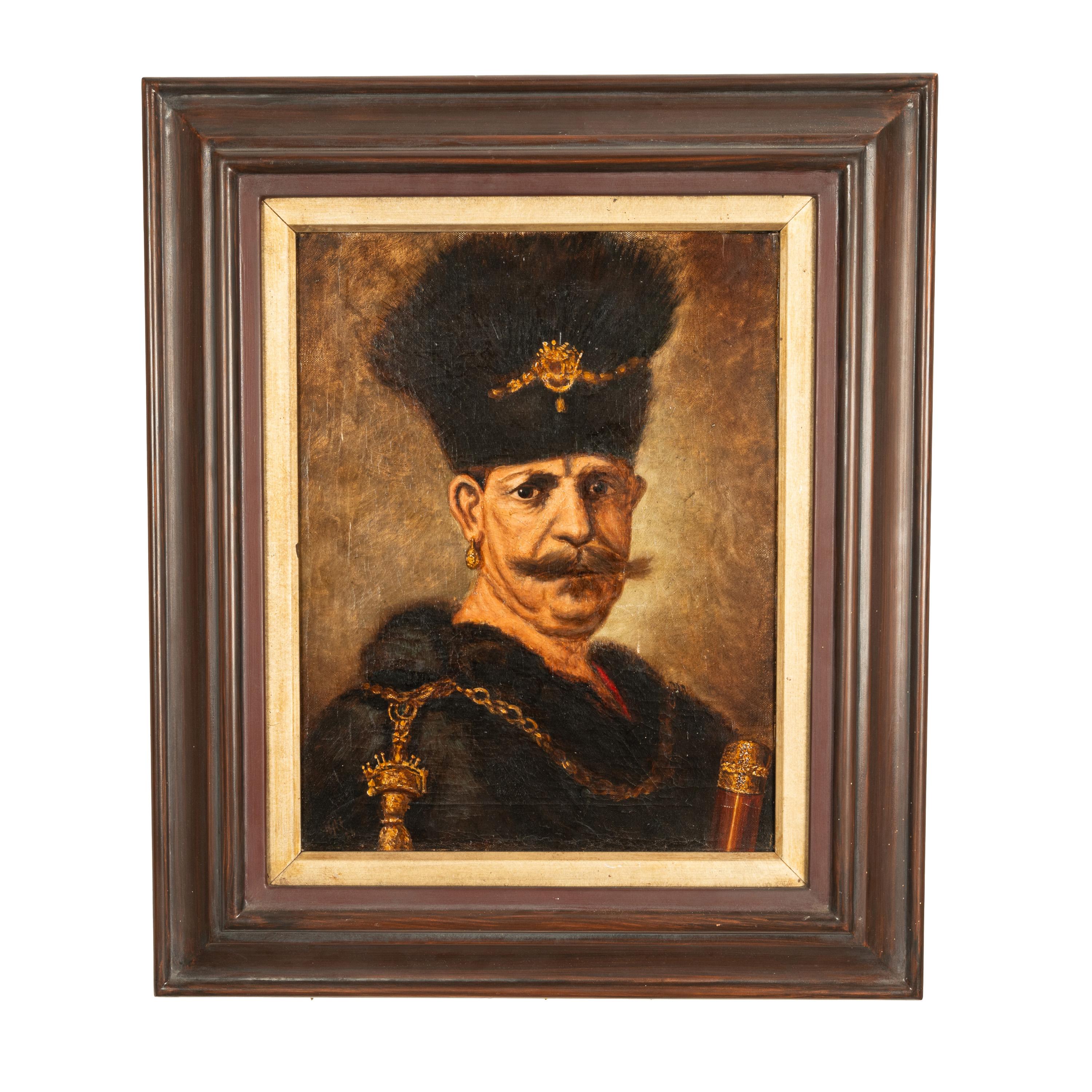 Portrait Painting di (After) Rembrandt van Rijn  - Antico olio su tela del XVIII secolo A.I.C. Ritratto di nobile polacco russo Rembrandt 1637