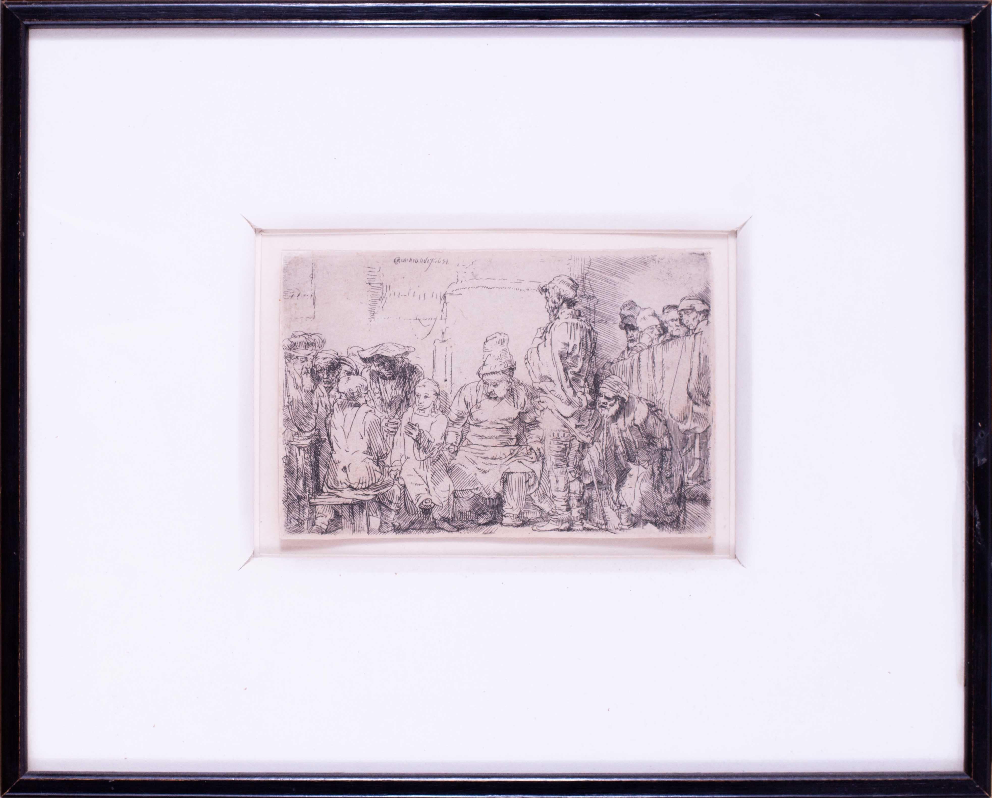 (After) Rembrandt van Rijn "Christ assis disputant avec les docteurs" gravure à l'eau-forte