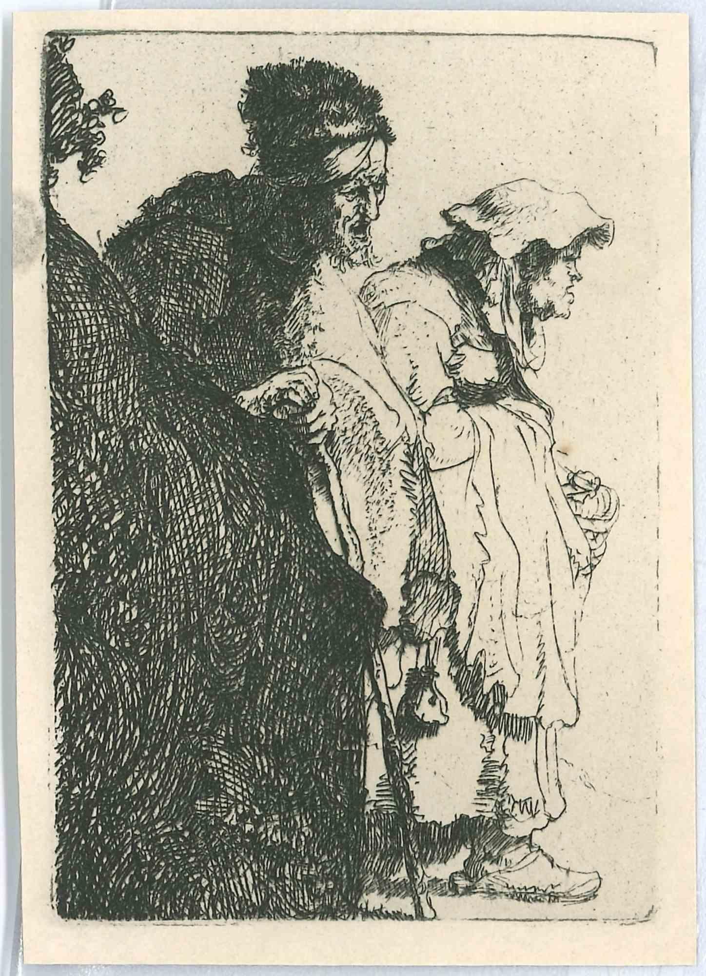 Charles Amand Durand Figurative Print - Beggar and Beggar - Engraving after Rembrandt - 19th Century 