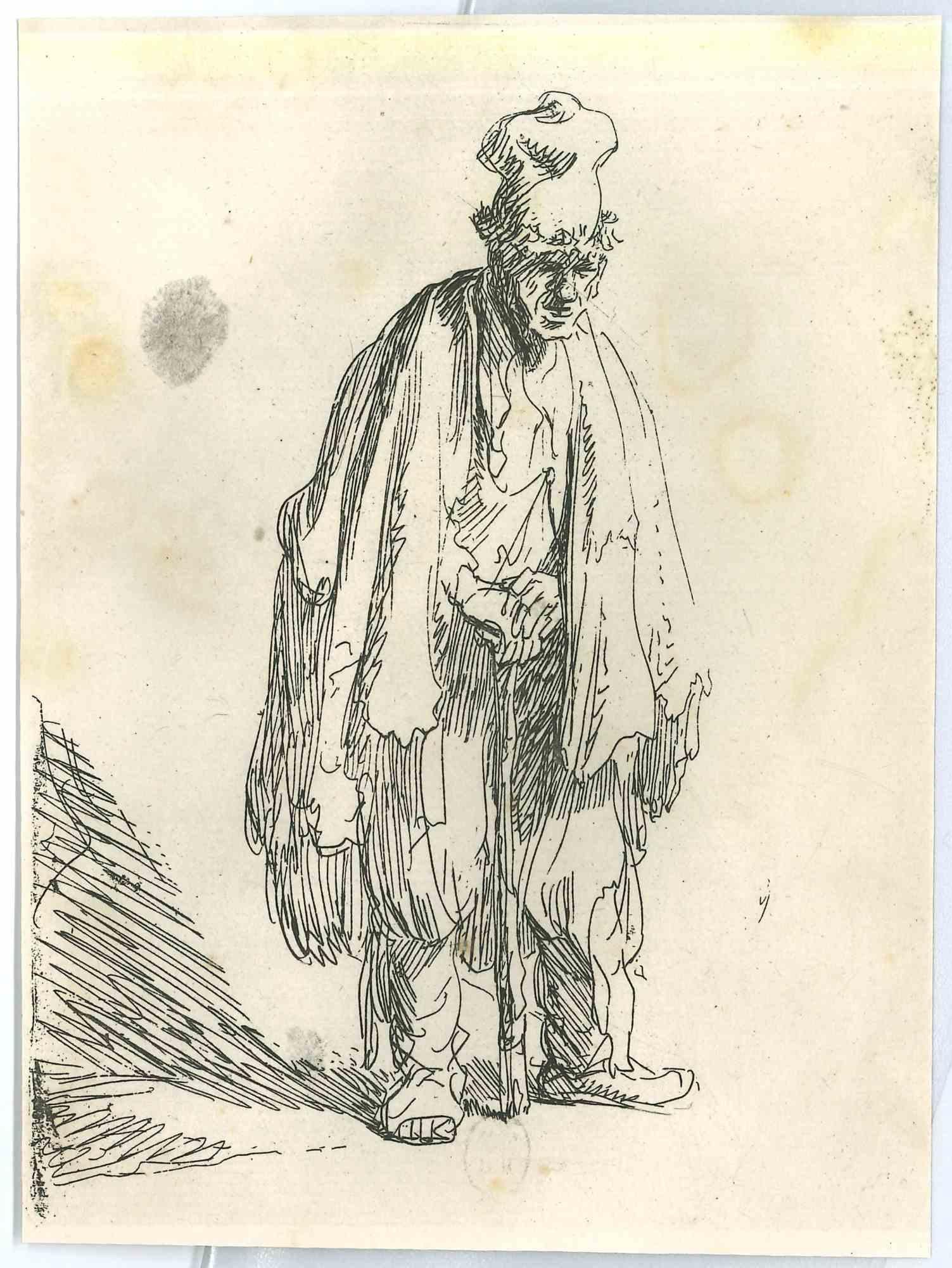 Charles Amand Durand Figurative Print - Beggar in a High Cap - Engraving after Rembrandt - 19th Century