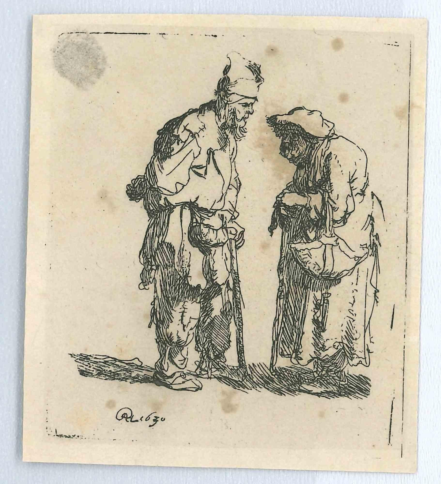 Charles Amand Durand Figurative Print - Beggar Man and Beggar Woman - Engraving after Rembrandt - 19th Century