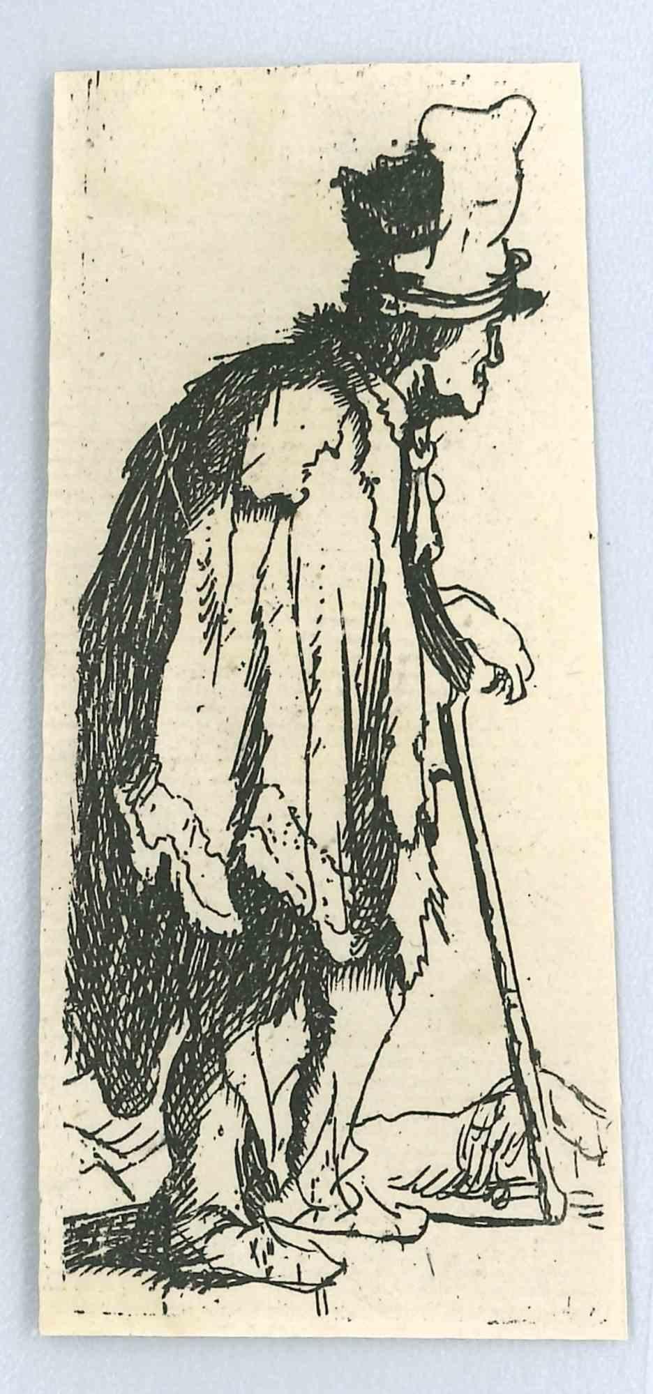 Charles Amand Durand Figurative Print - Beggar With A Crippled Hand Leaning On  A Stick- Engraving after Rembrandt 