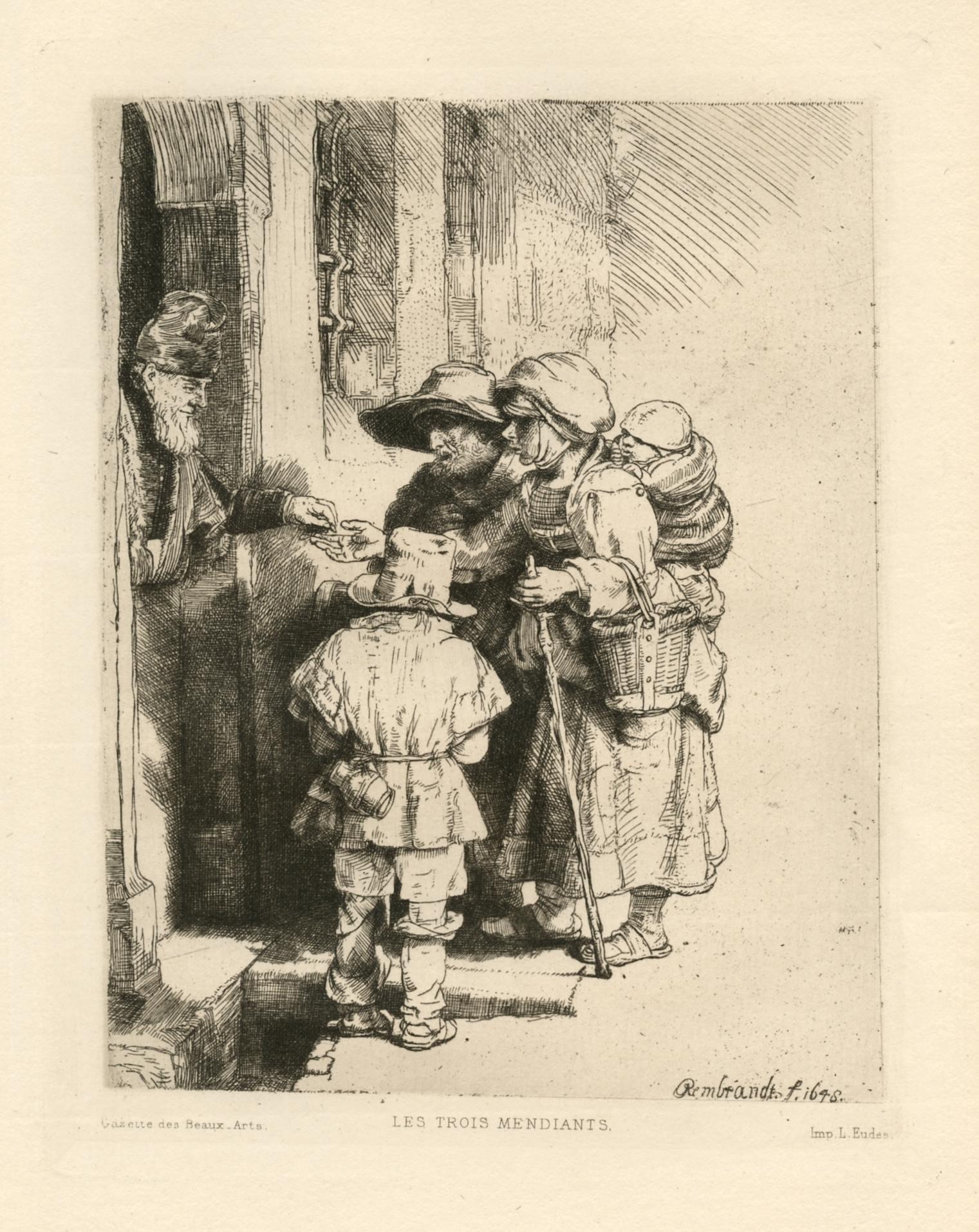 "Beggars Receiving Alms at the Door of a House" etching - Print by (After) Rembrandt van Rijn 
