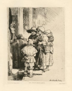 Antique "Beggars Receiving Alms at the Door of a House" etching
