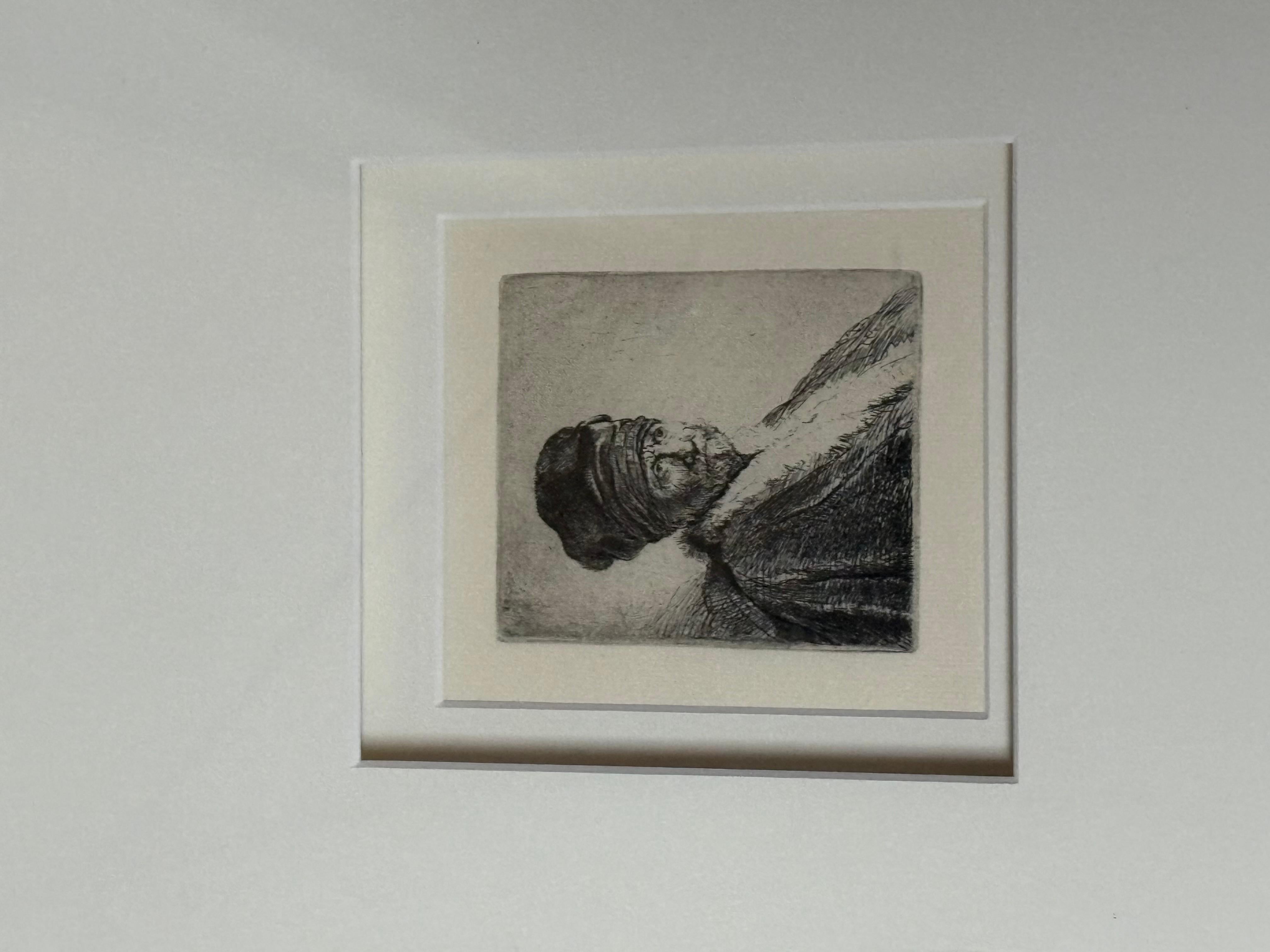 Rembrandt van rijn bust of man wearing high cap etching. In good condition measures 25x24