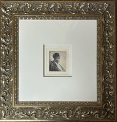 “bust of man wearing high cap etching”