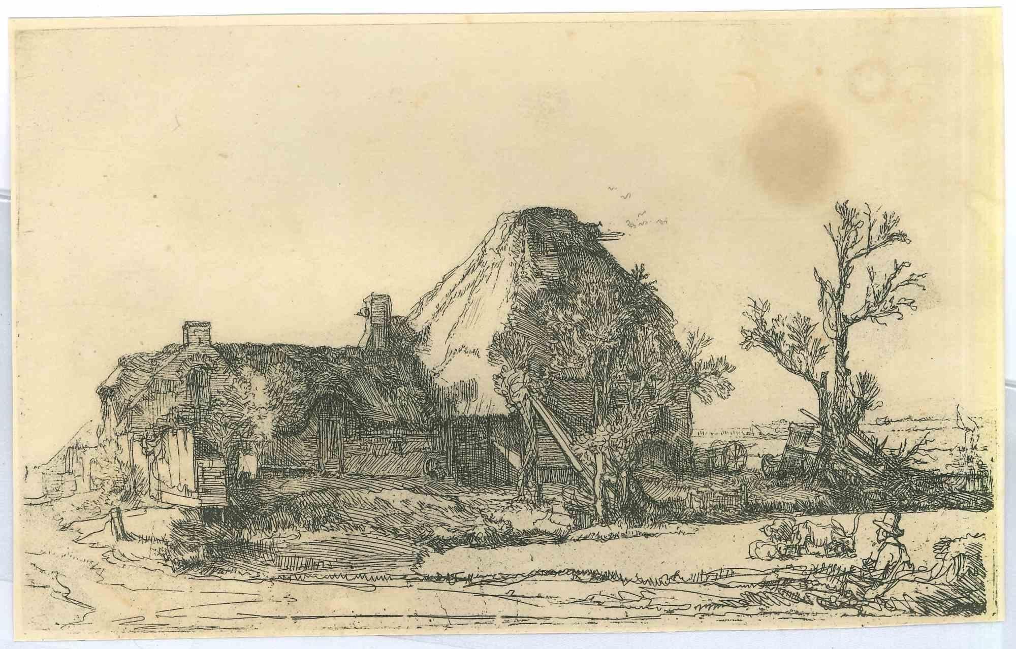 Charles Amand Durand Figurative Print - Cottages and Farm Buildings  - Engraving after Rembrandt - 19th Century