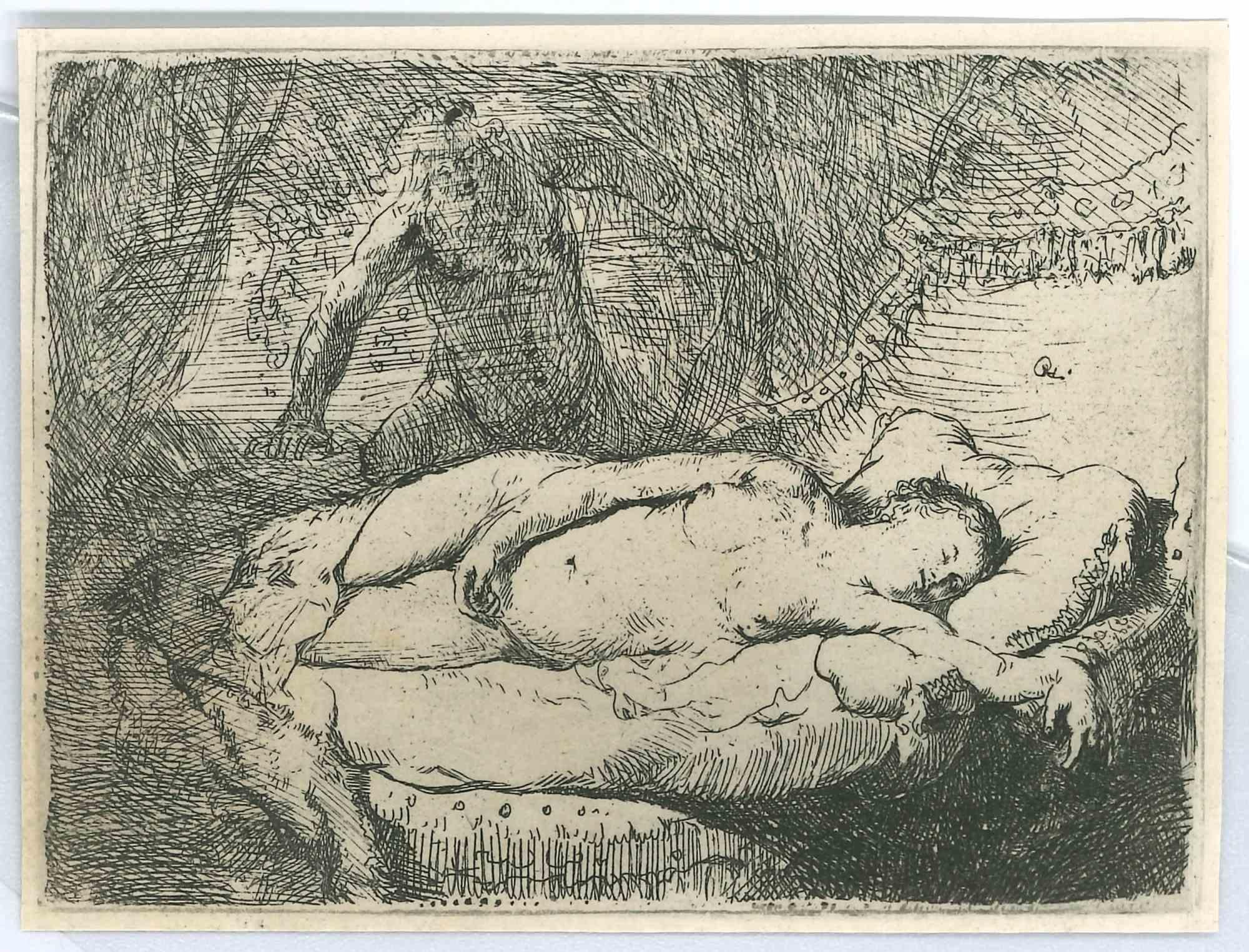 Nude Print Charles Amand Durand - Jupiter and Antiope : Smaller Plat - eau-forte d'après Rembrandt - 19ème siècle