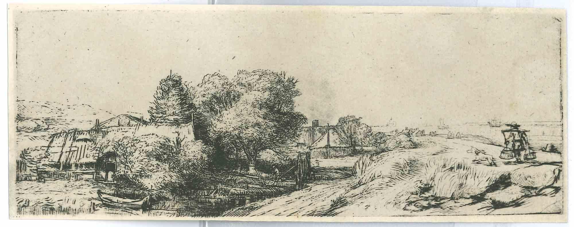 Figurative Print Charles Amand Durand - Paysage avec un moulin à lait - eau-forte d'après Rembrandt - XIXe siècle