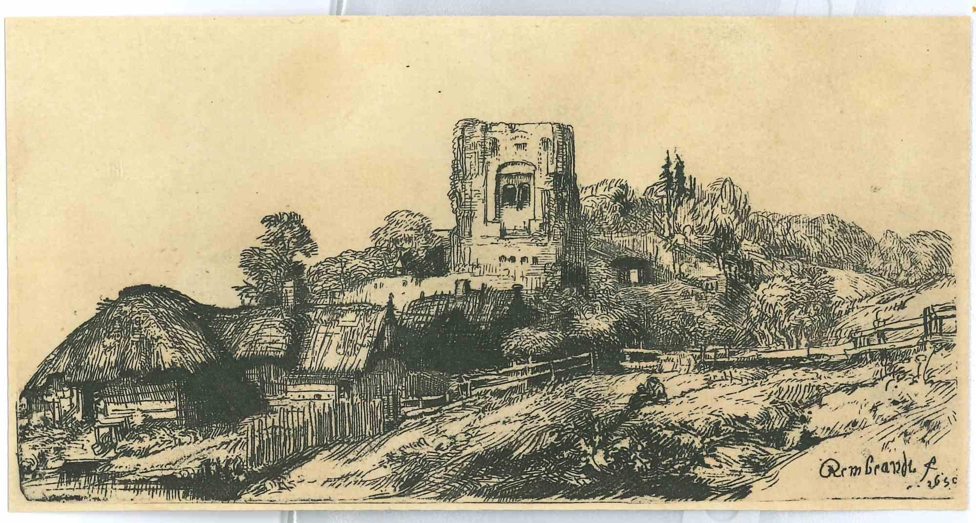 Landscape Print Charles Amand Durand - Landschap Met Vierkante Toren  - Gravure d'après Rembrandt - XIXe siècle