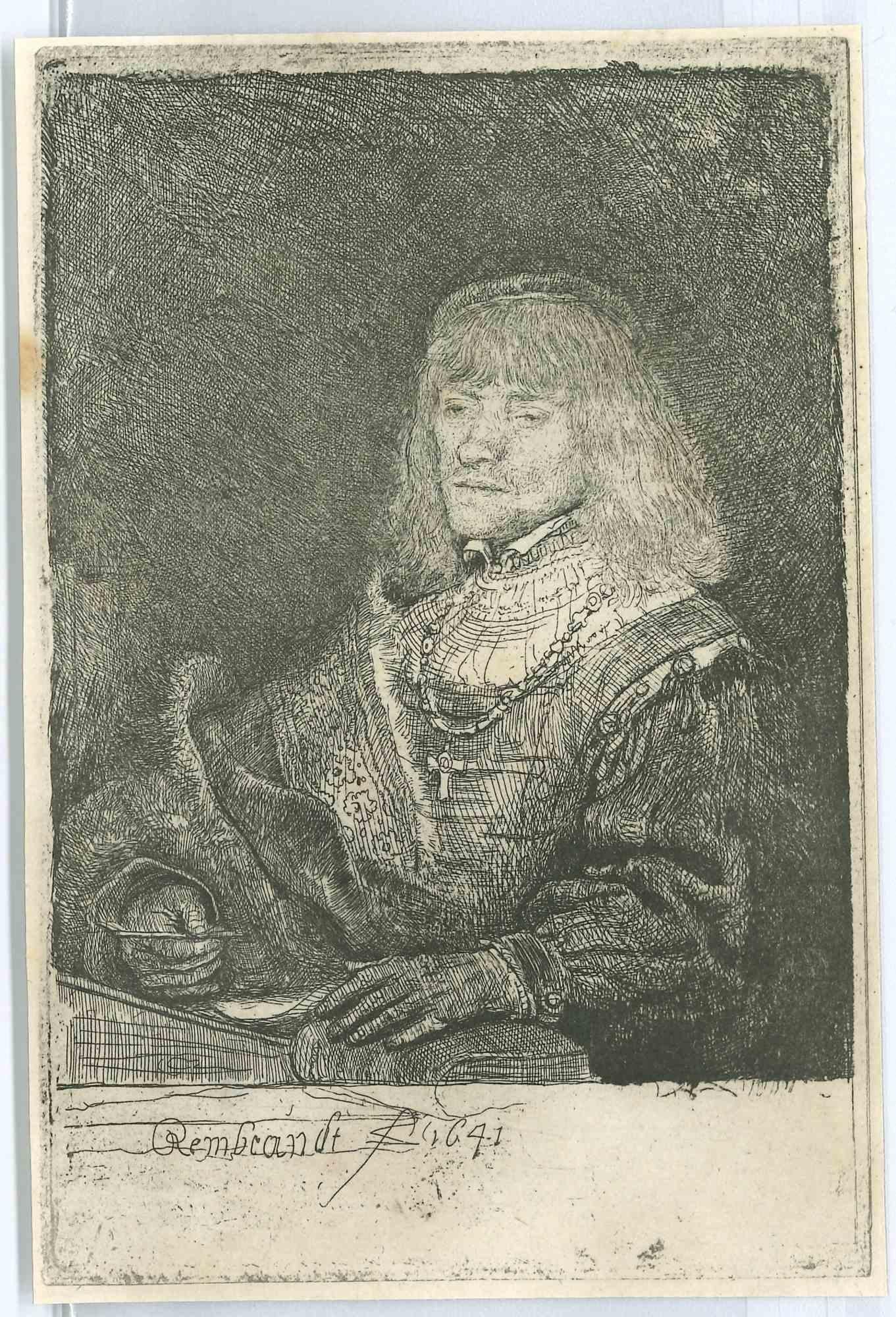 Charles Amand Durand Figurative Print – Man am Schreibtisch, Trägerkreuz – Radierung nach Rembrandt – 19. Jahrhundert