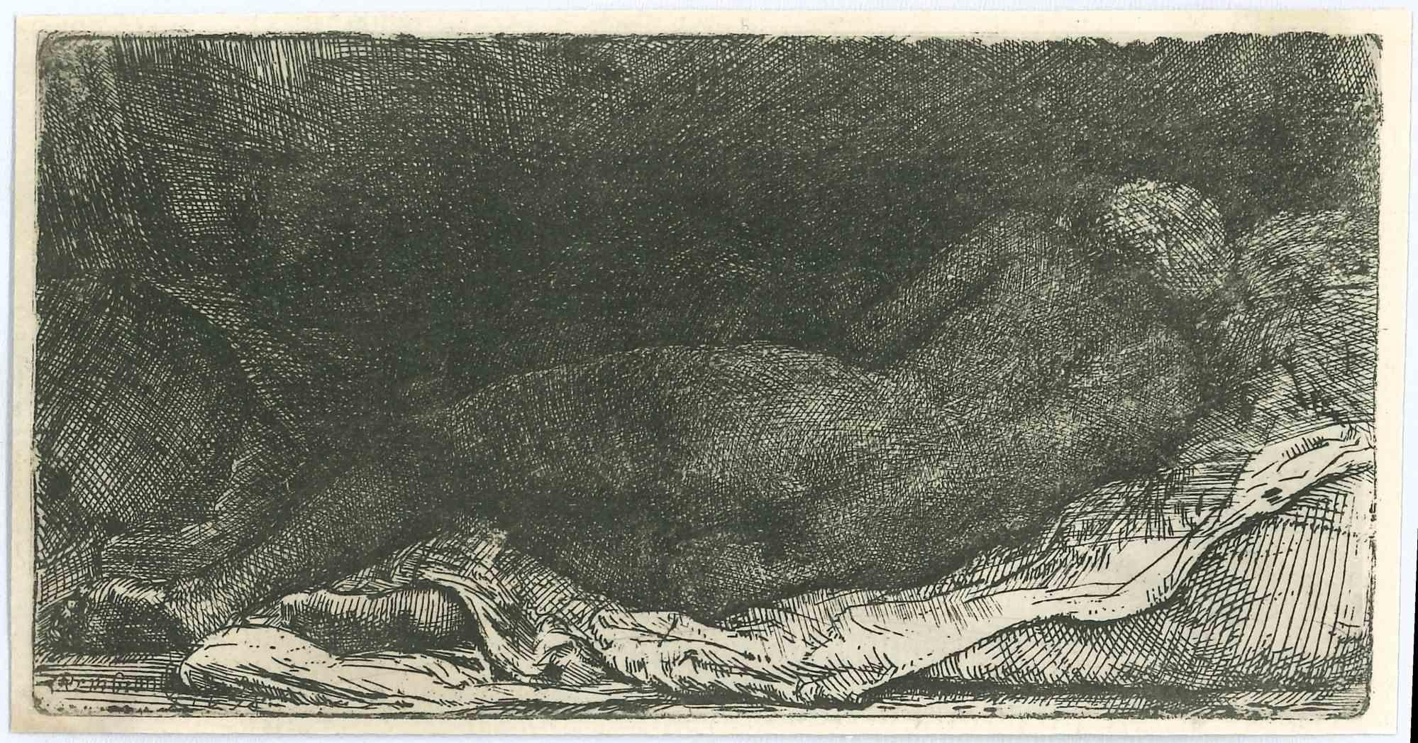 Charles Amand Durand Portrait Print - Negress Lying Down - Engraving after Rembrandt -19th Century 