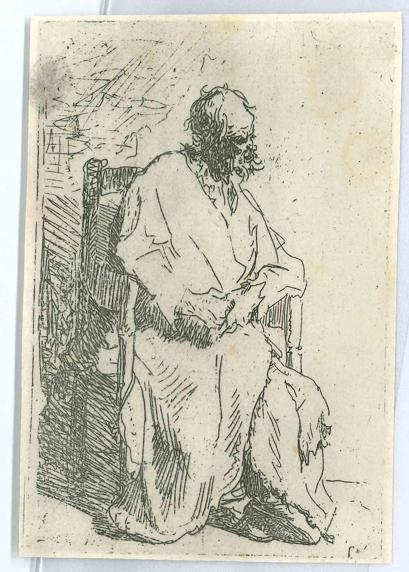 Charles Amand Durand Figurative Print - Old Man in a Long Cloak - Engraving after Rembrandt - 19th Century