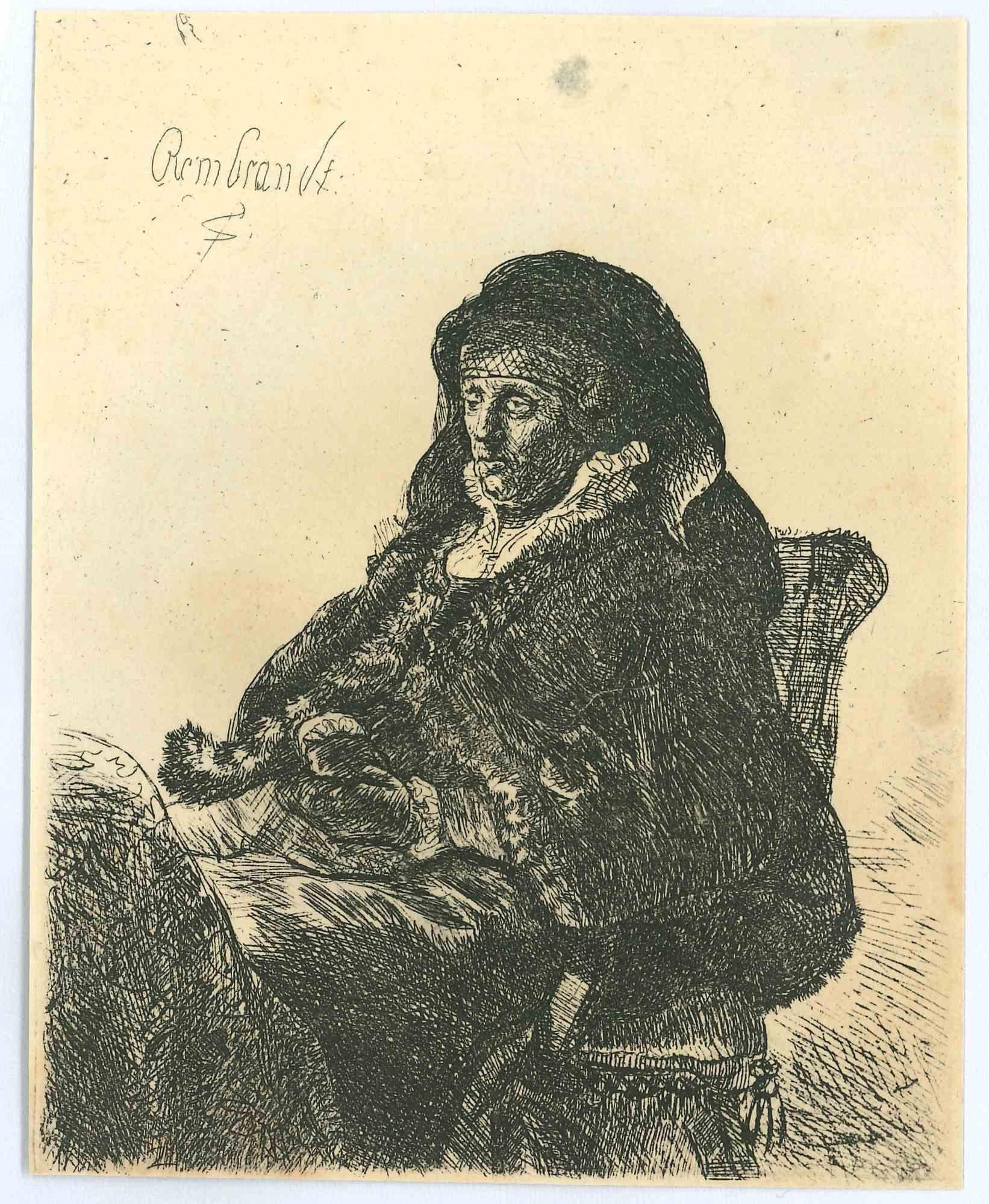 Charles Amand Durand Portrait Print - Portrait of Rembrandt's Mother - Engraving after Rembrandt - 19th century