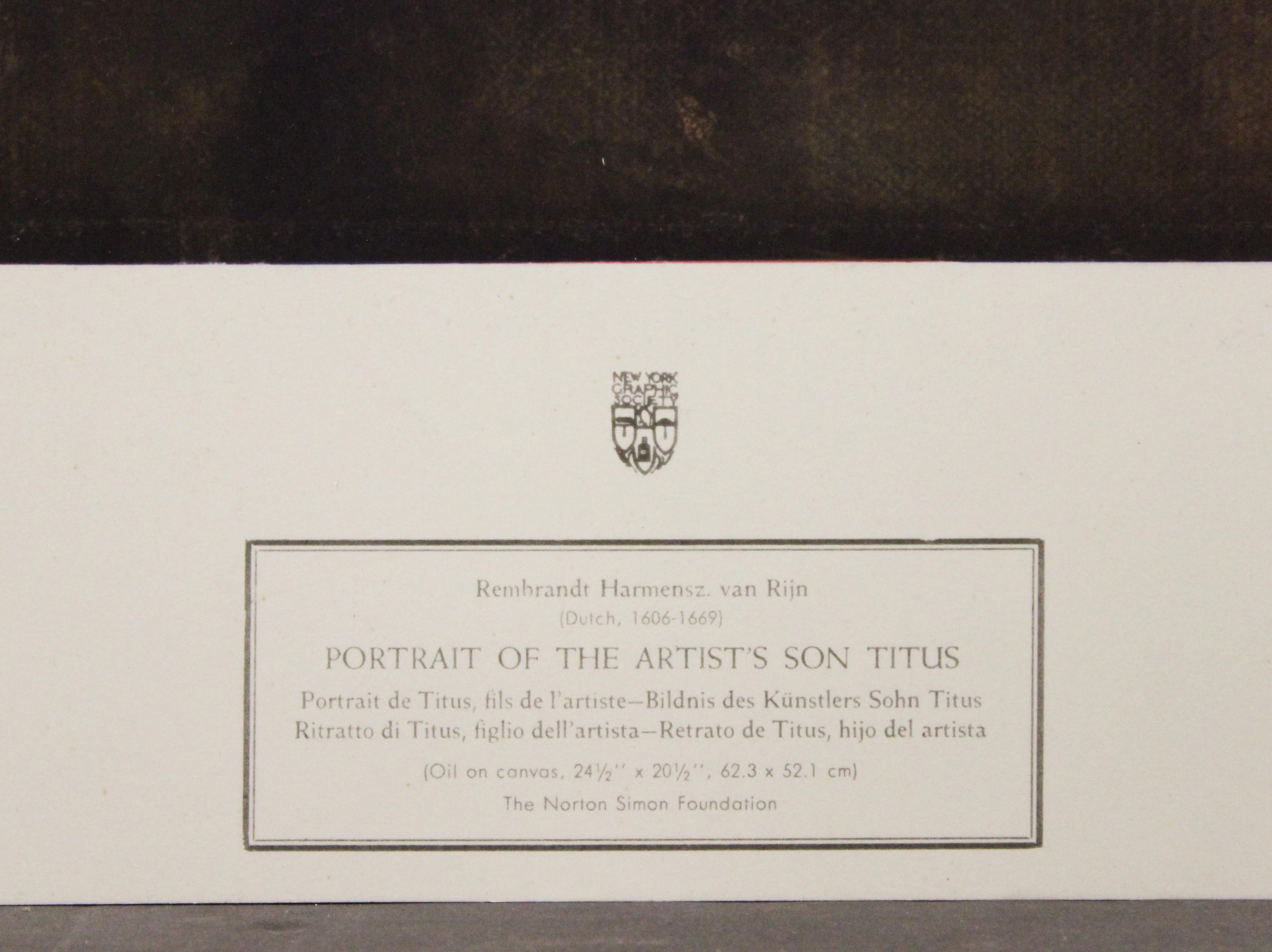 Retrato del hijo del artista Titus-Poster. New York Graphic Society. - Print de (After) Rembrandt van Rijn 