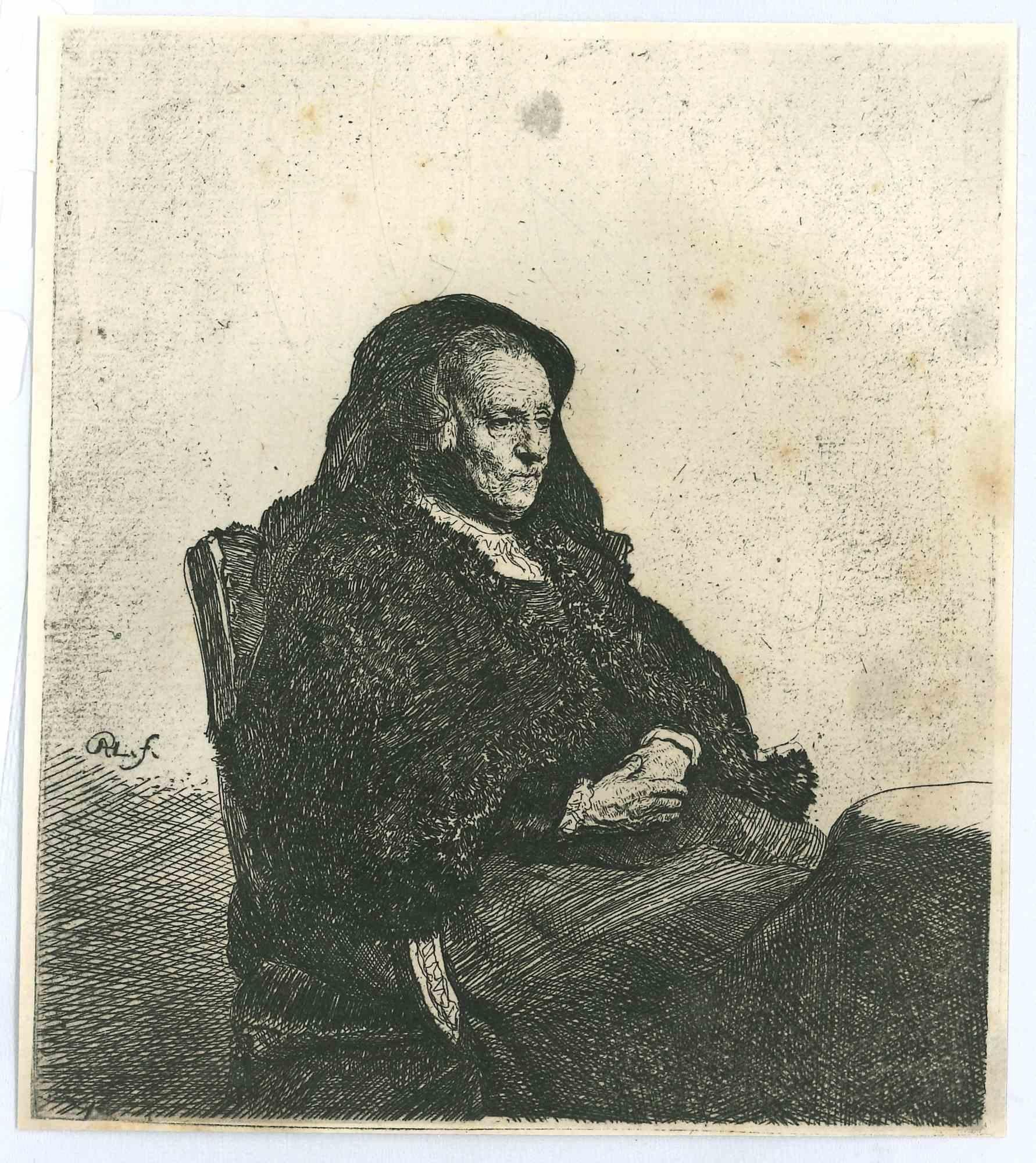 Charles Amand Durand Figurative Print – Rembrandts Mutter mit schwarzer Schleppe I – Radierung nach Rembrandt, 19. Jahrhundert