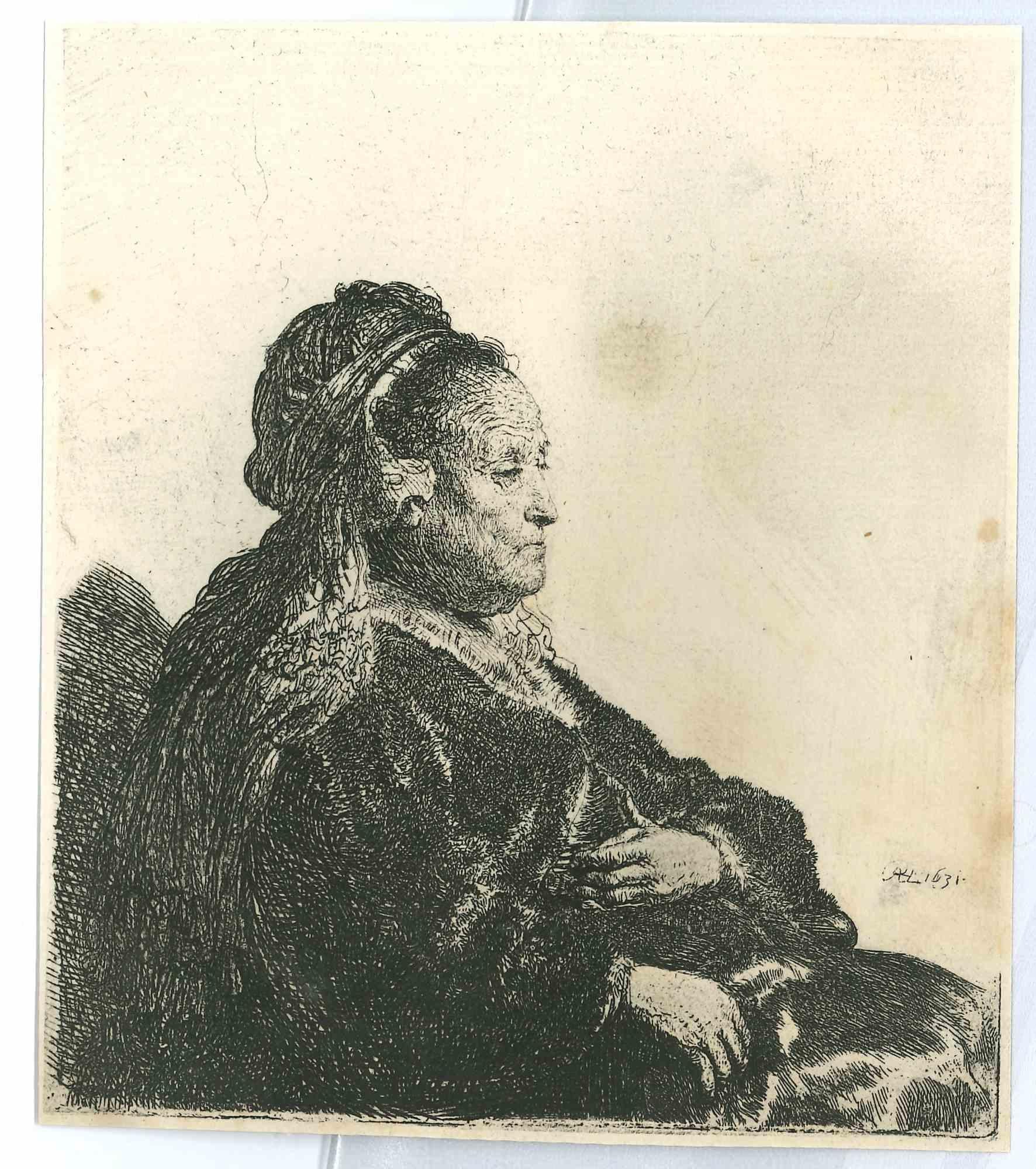 Charles Amand Durand Figurative Print - Rembrandt's Mother With The Lace Cap - Engraving after Rembrandt -19th Century 