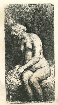 Antique Seated Woman Holding her Shirt - Engraving after Rembrandt - 19th Century