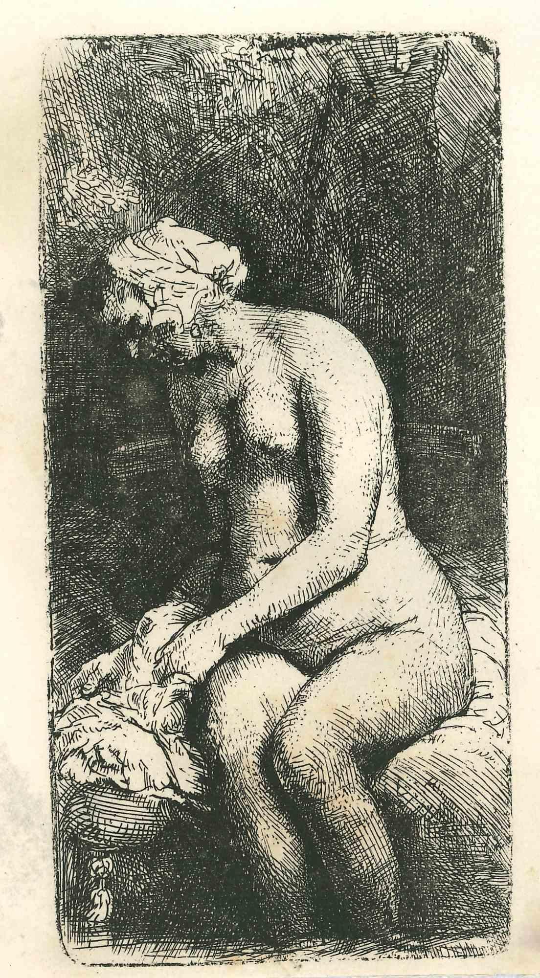Charles Amand Durand Nude Print – Sitzende Frau, die ihr Hemd hält – Radierung nach Rembrandt – 19. Jahrhundert