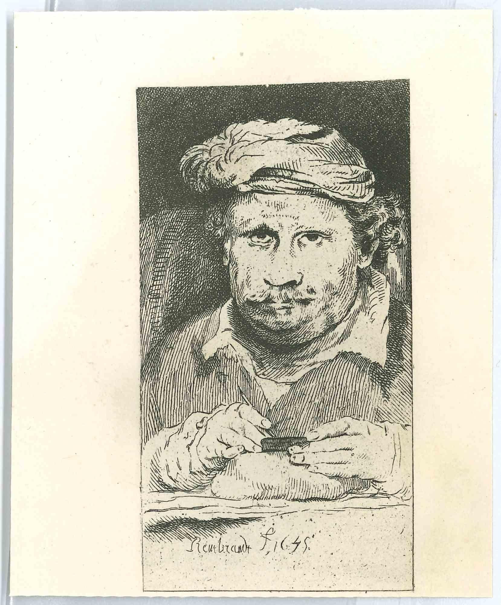 Self-portrait - eau-forte d'après Rembrandt - XIXe siècle 