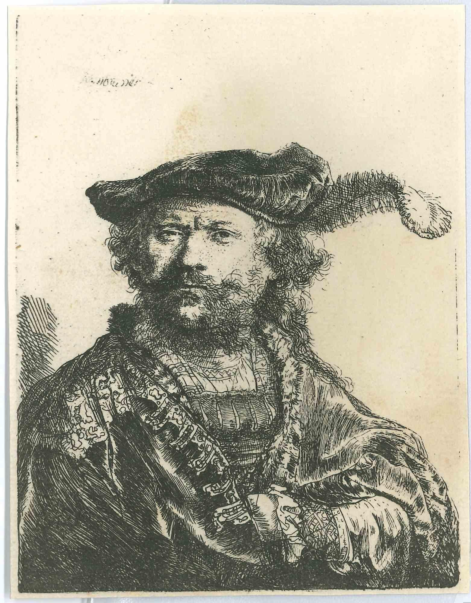 (After) Rembrandt van Rijn  Figurative Print - Self-Portrait in a Velvet Cap with Plum - Etching after Rembrandt -19th Century 
