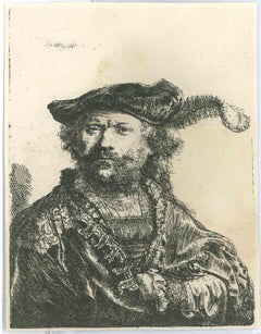 Self-Portrait in a Velvet Cap with Plum - Etching after Rembrandt -19th Century 