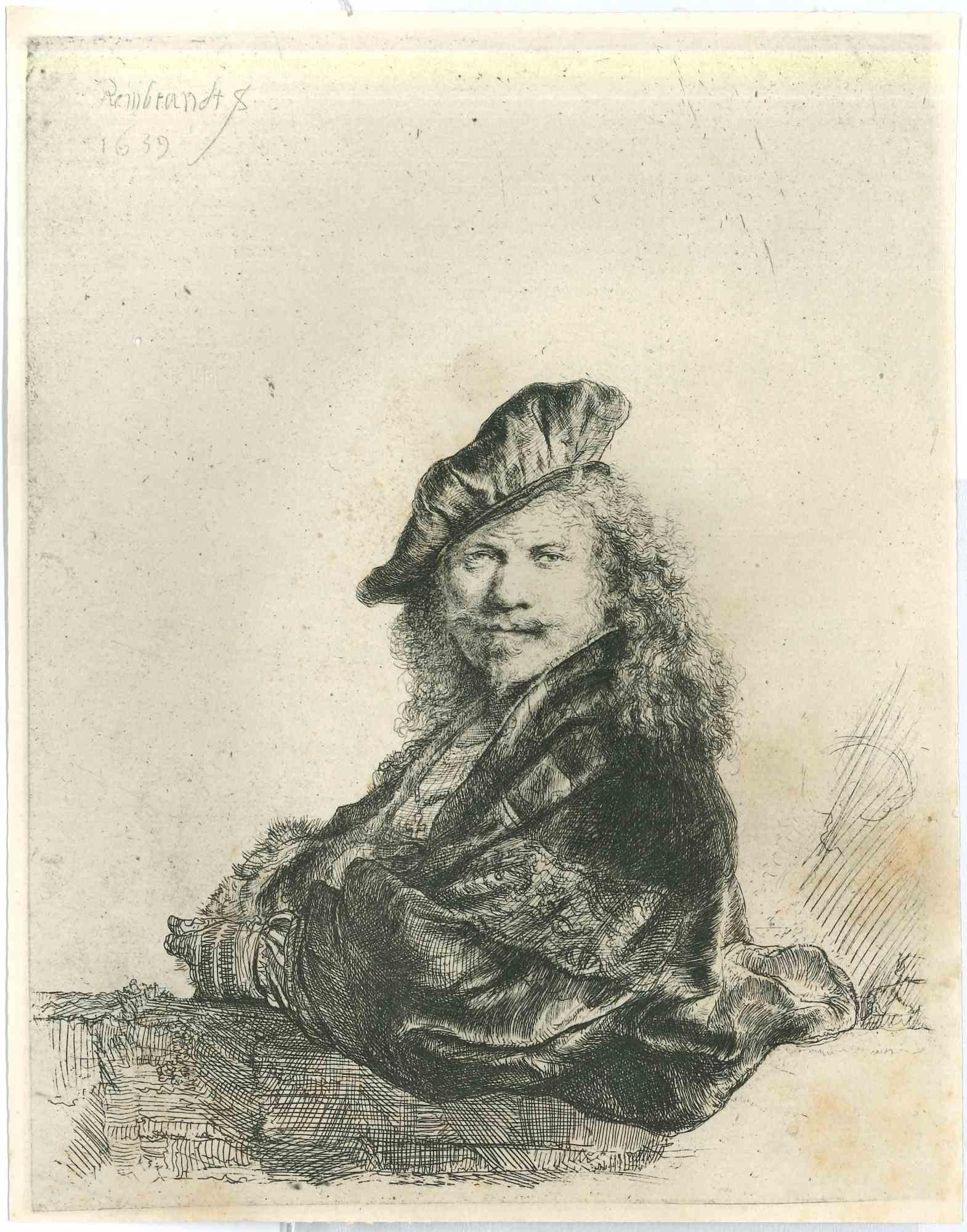 (After) Rembrandt van Rijn  Portrait Print - Self Portrait of Rembrandt - Etching after Rembrandt - 19th century