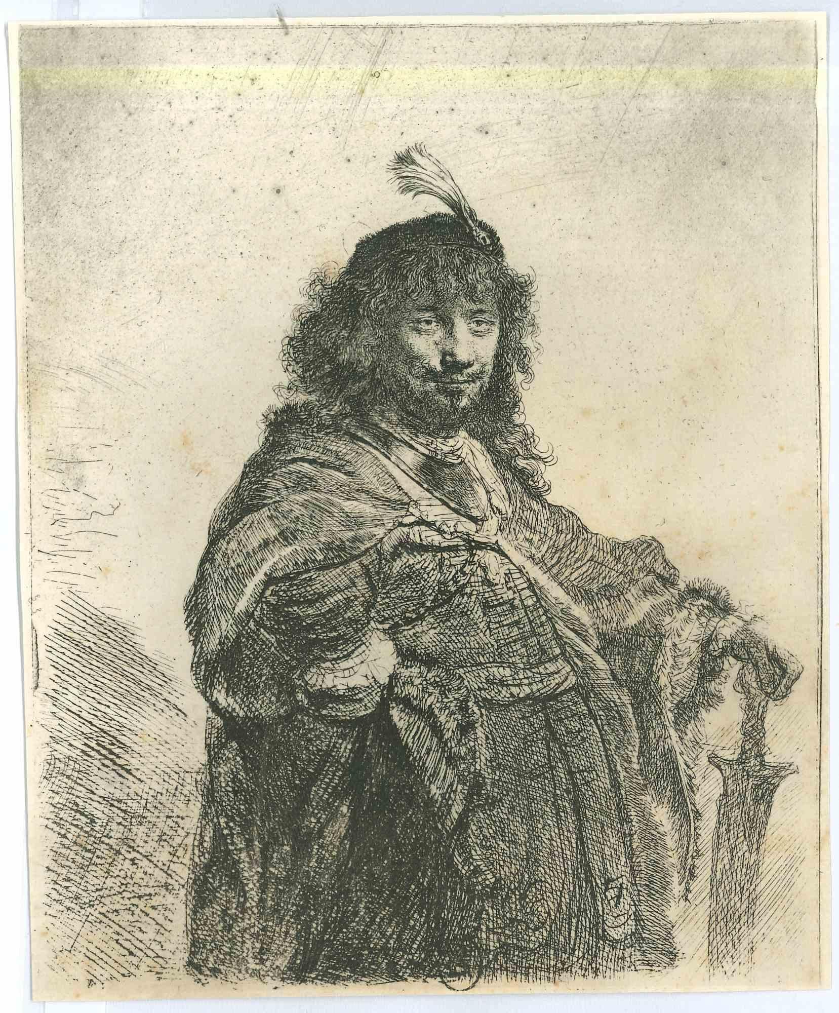 Charles Amand Durand Figurative Print - Self-Portrait with Plumed Cap - Engraving after Rembrandt - 19th Century