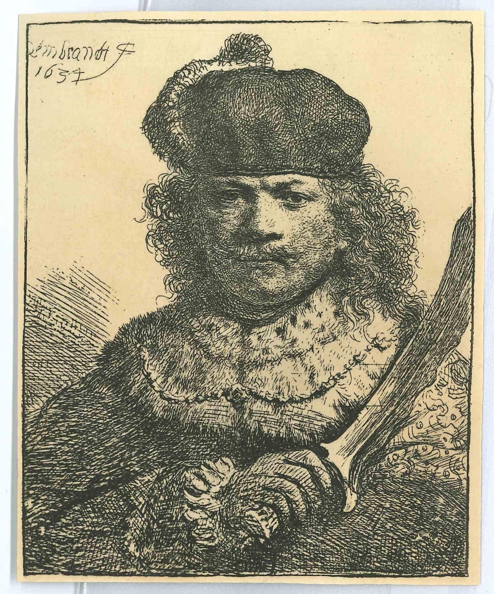 Charles Amand Durand Figurative Print - Self-portrait with Raised Sabre - Engraving after Rembrandt - 19th Century