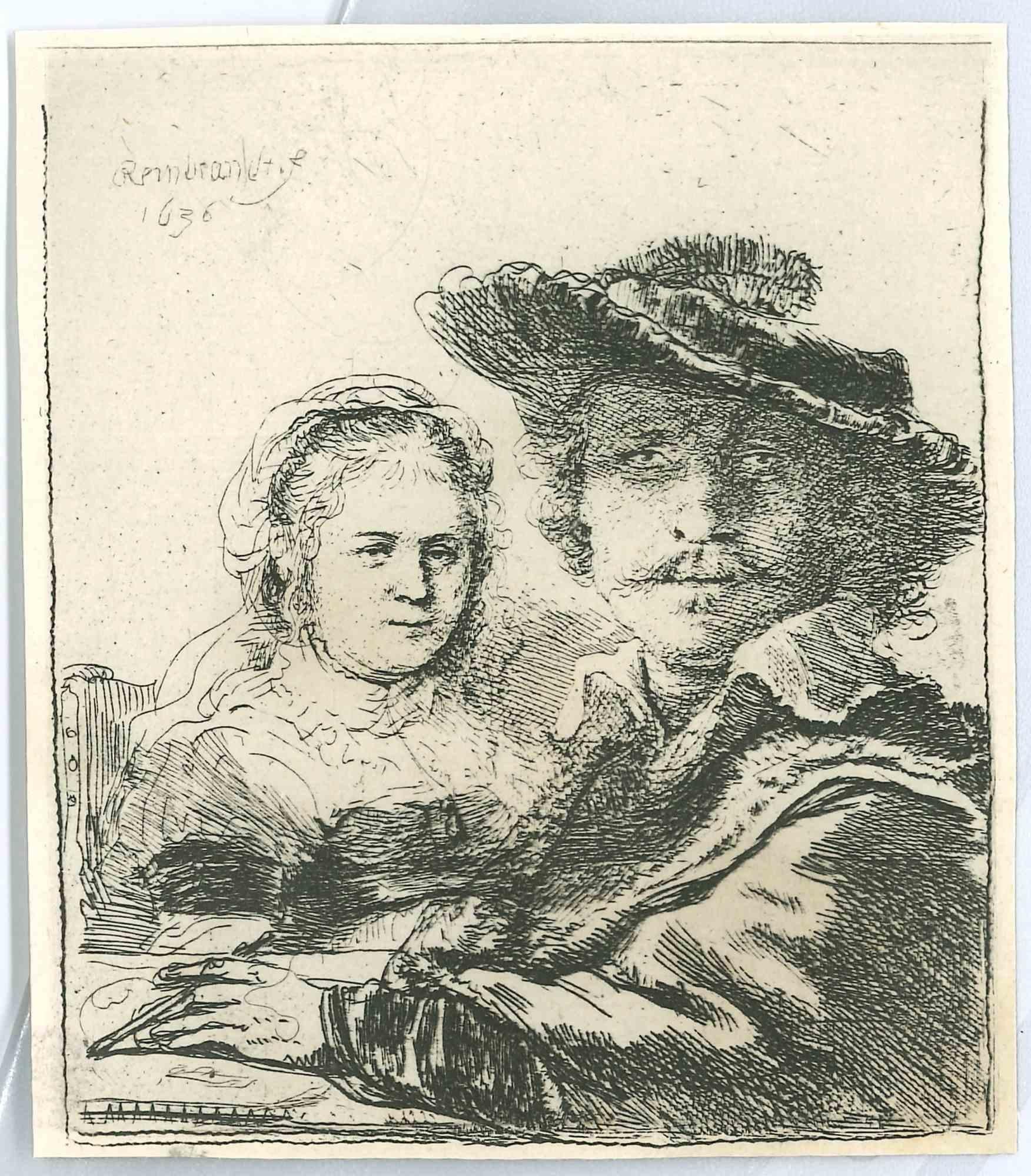 Charles Amand Durand Portrait Print - Self-Portrait with Saskia - Engraving after Rembrandt - 19th Century