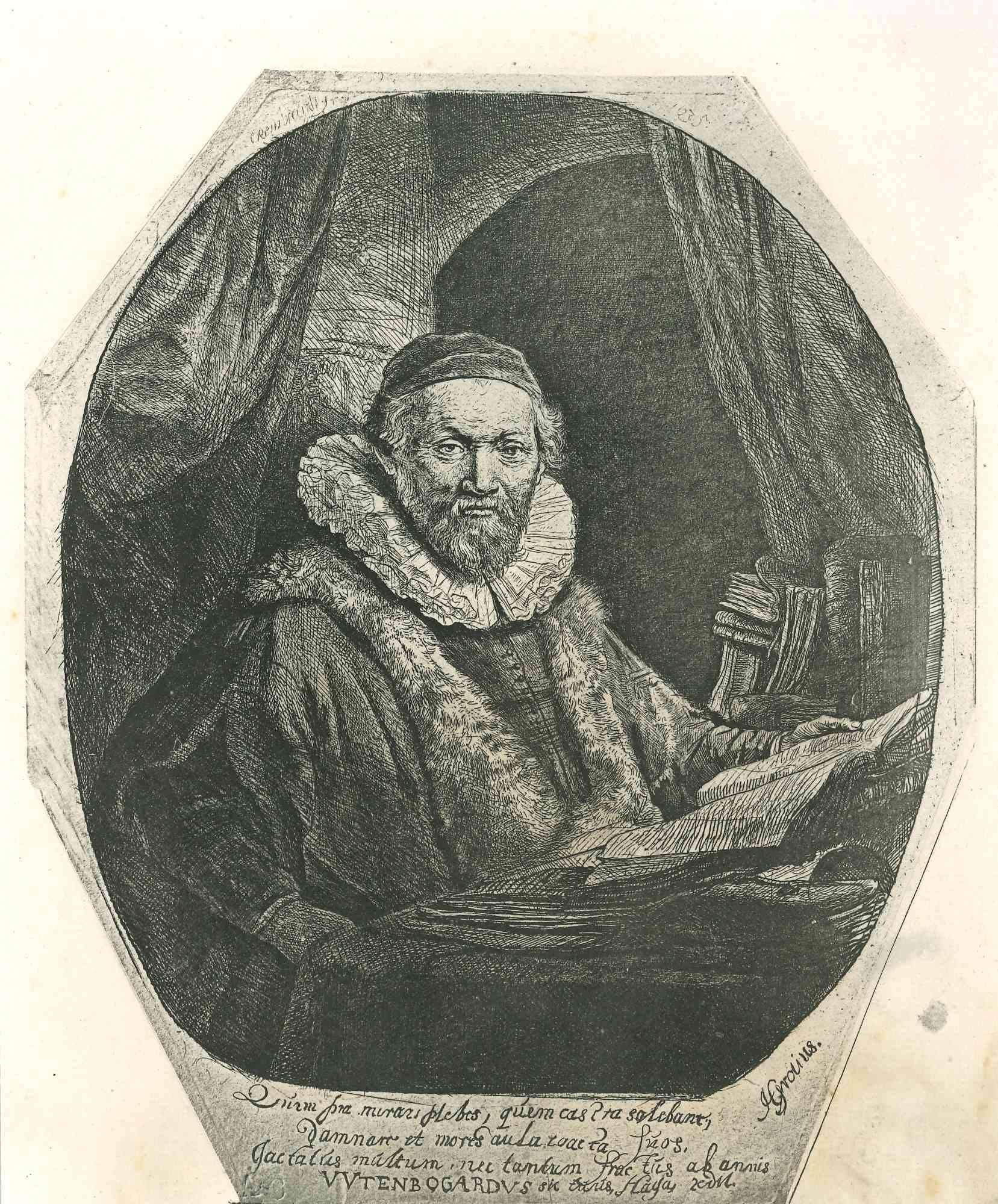 (After) Rembrandt van Rijn  Portrait Print - The Arminia Pastor Johannes Uytenbogaert - Etching after Rembrandt -19th Century