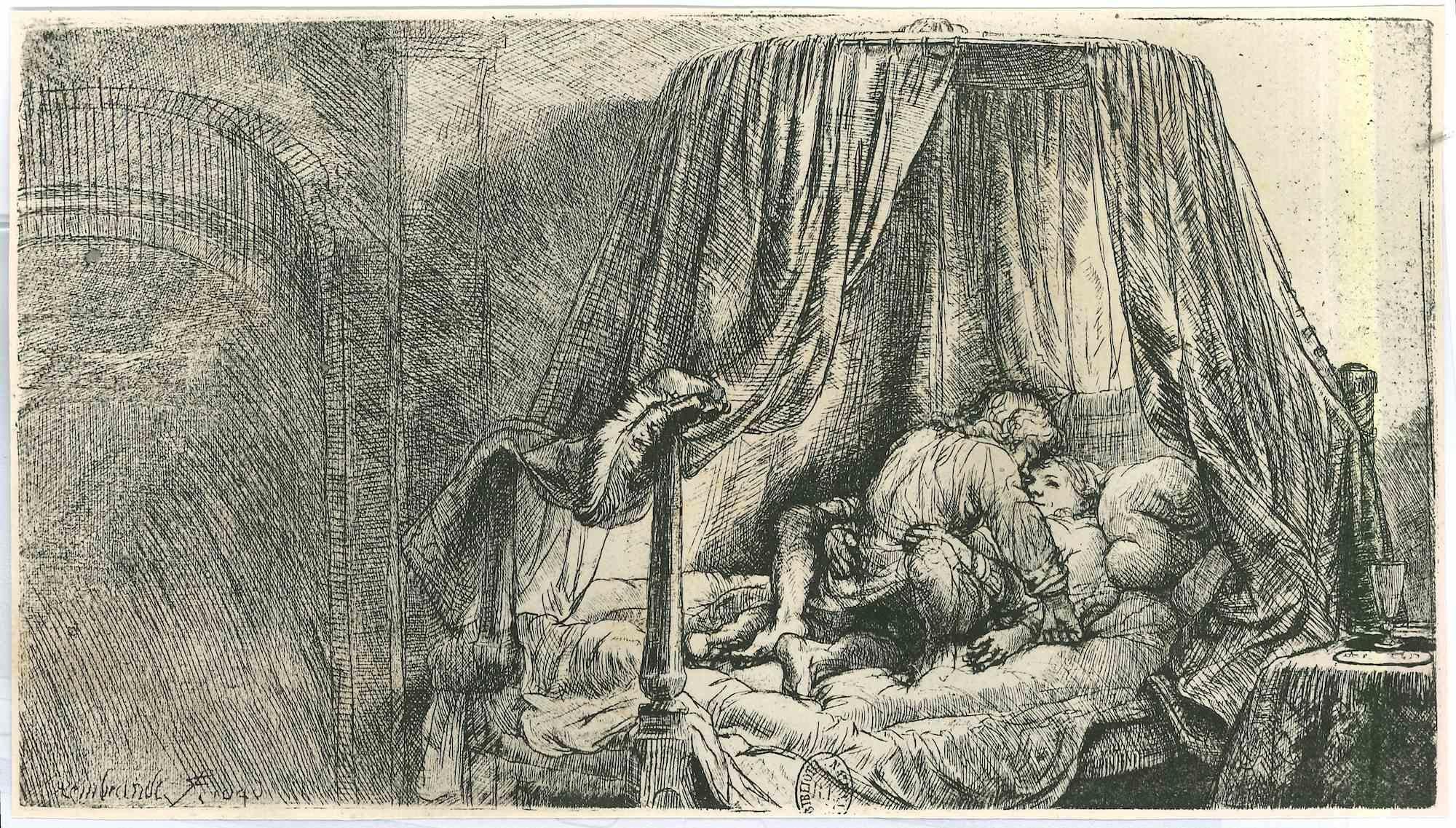 Charles Amand Durand Figurative Print - The French Bed II - Engraving after Rembrandt - 19th Century