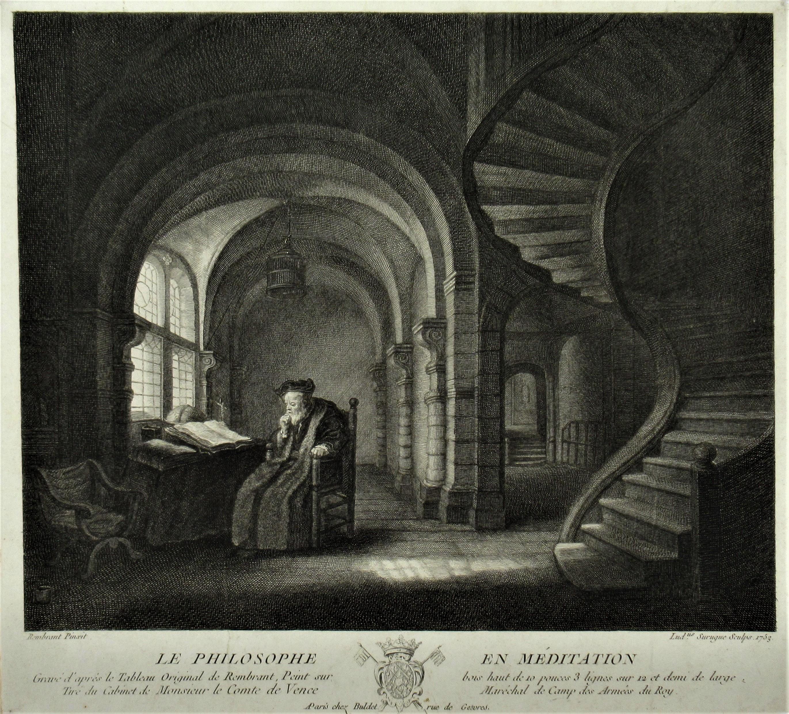 (After) Rembrandt van Rijn  Interior Print - The Philosophe en Meditation