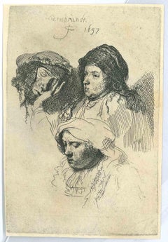 Three Heads Of Women - Etching after Rembrandt - 19th Century