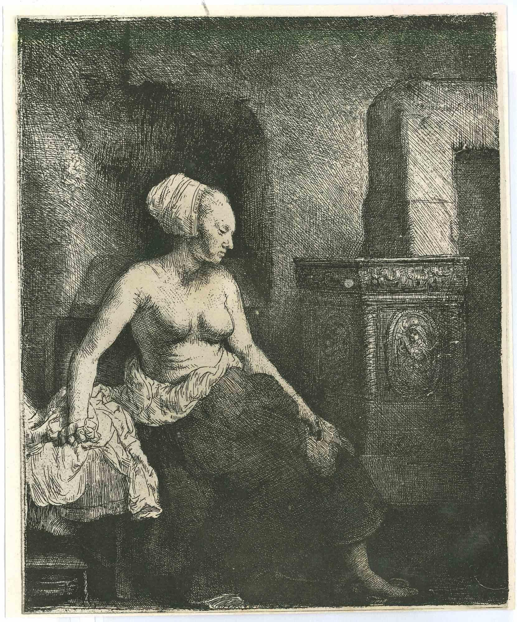 Figurative Print Charles Amand Durand - Woman In Front Of The Stove III, gravure d'après Rembrandt - 19e siècle