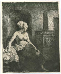 Femme devant le poêle III - eau-forte d'après Rembrandt - 19ème siècle