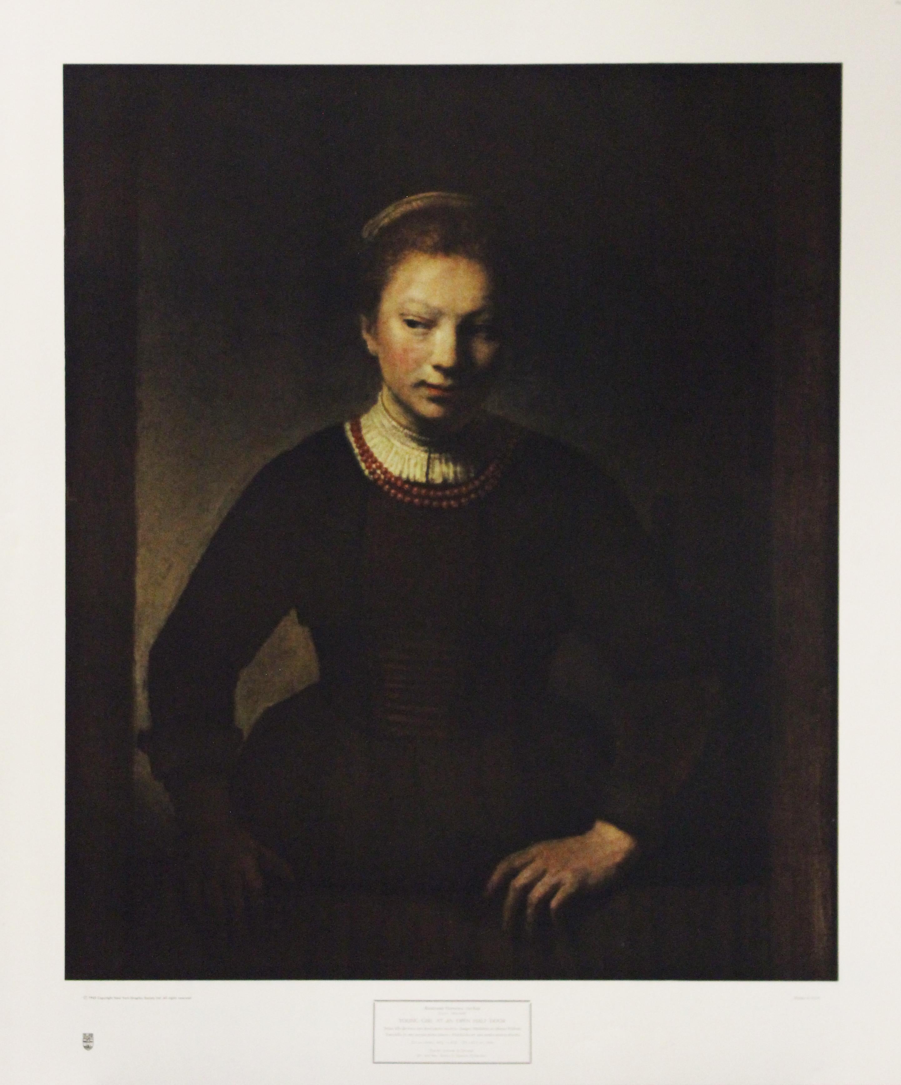 (After) Rembrandt van Rijn  Portrait Print - Young Girl At An Open Half Door-Poster. New York Graphic Society, Ltd.