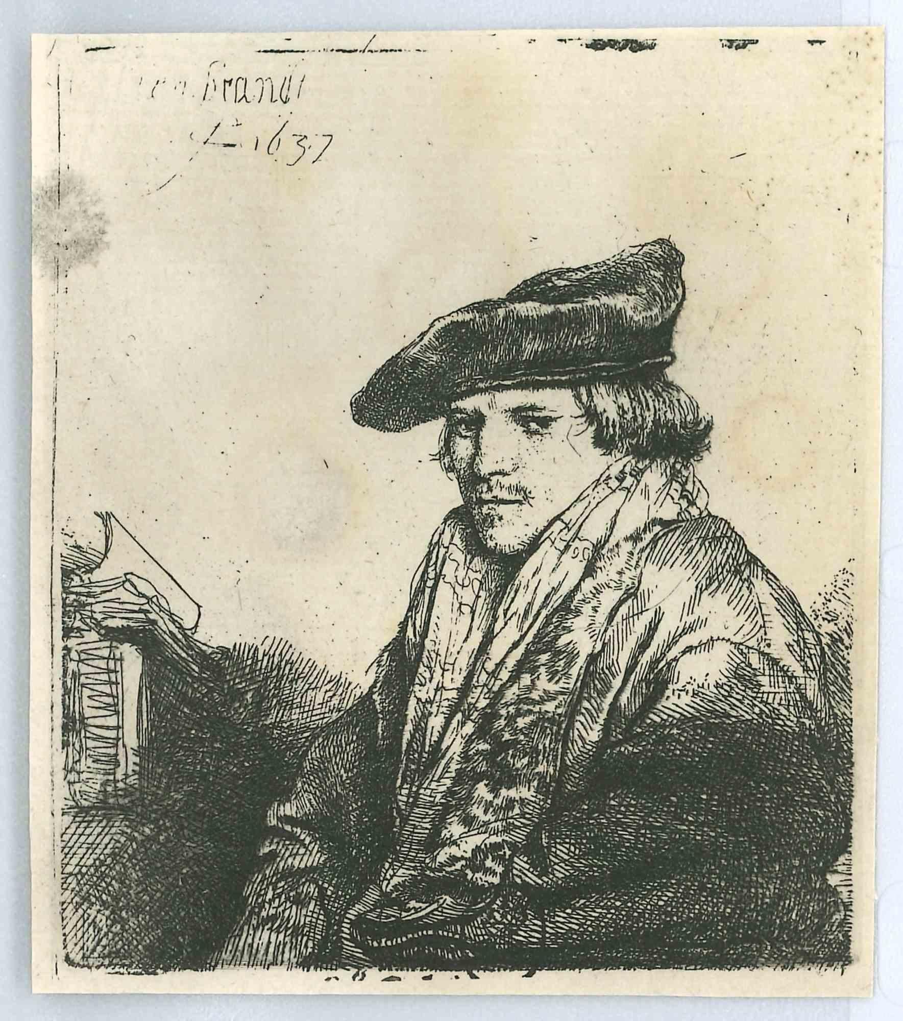 (After) Rembrandt van Rijn  Portrait Print - Young Man in a Velvet Cap - Etching after Rembrandt -19th Century