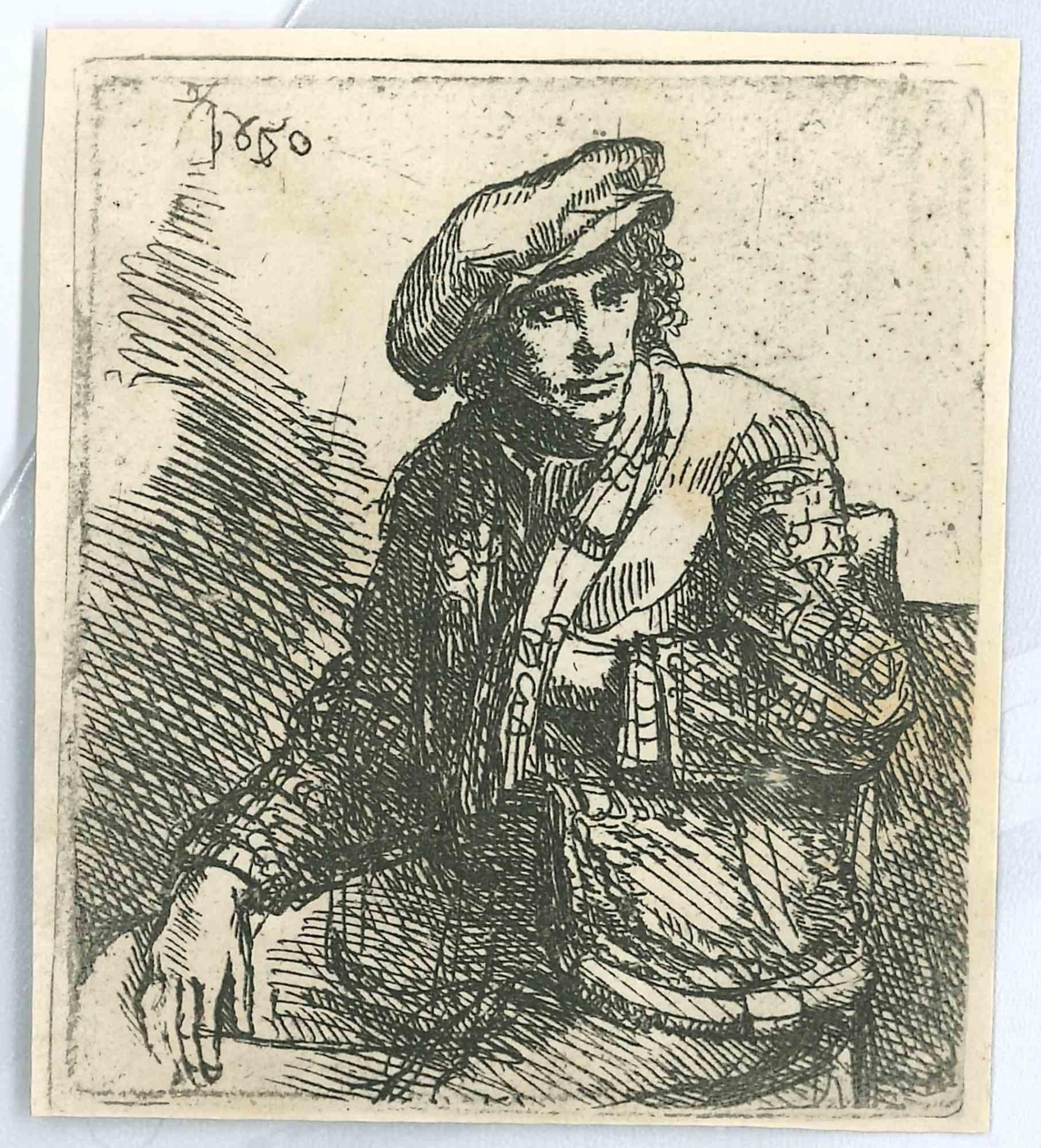 Charles Amand Durand Figurative Print - Zittende Jongeman Met Een Tas - Engraving after Rembrandt - 19th Century