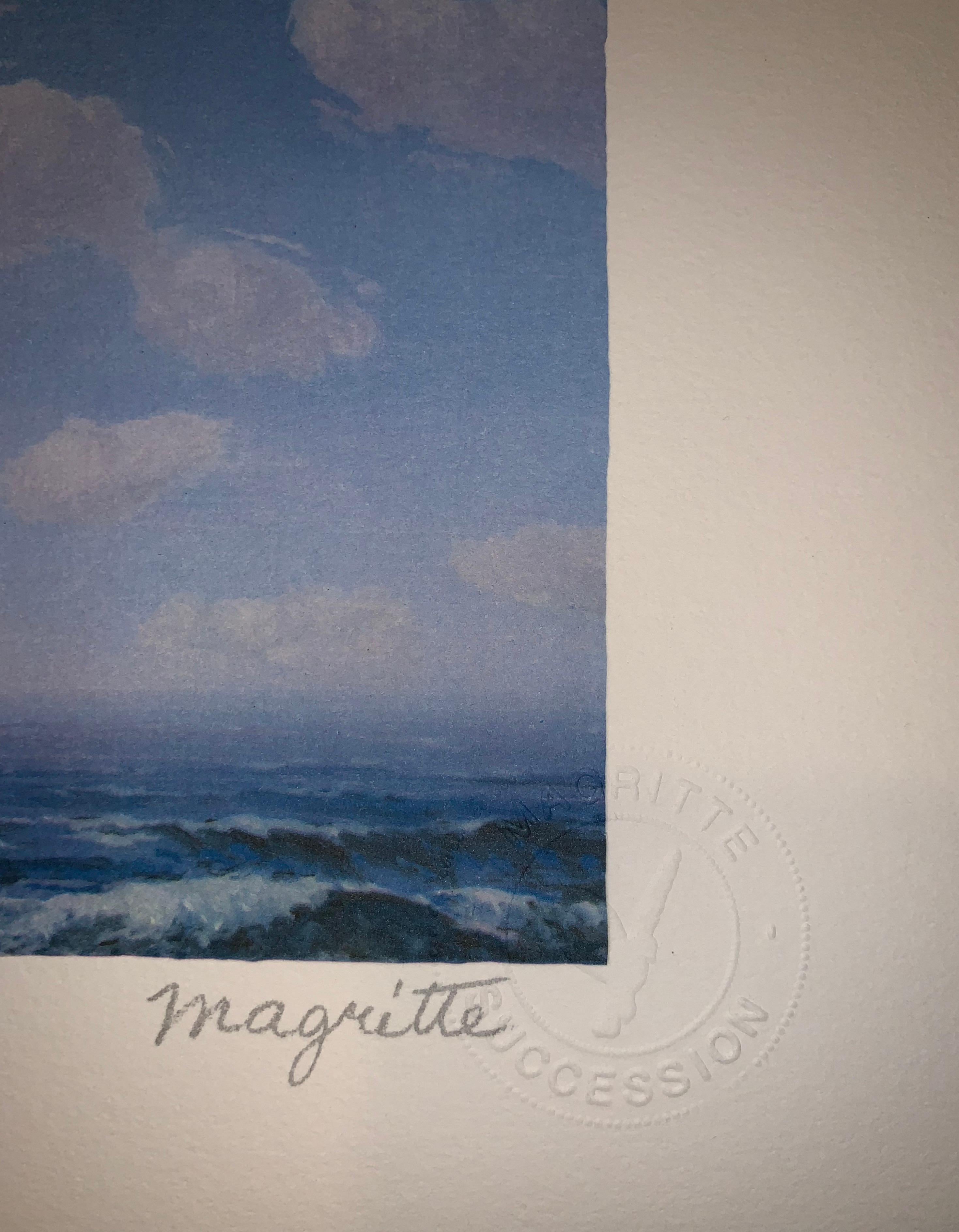 Color lithograph after the 1964 oil on canvas by René Magritte, printed signature of Magritte and numbered from the edition of 300. 
The lithograph features the dry stamps of the Magritte Foundation & ADAGP and is countersigned in pencil by Mr.