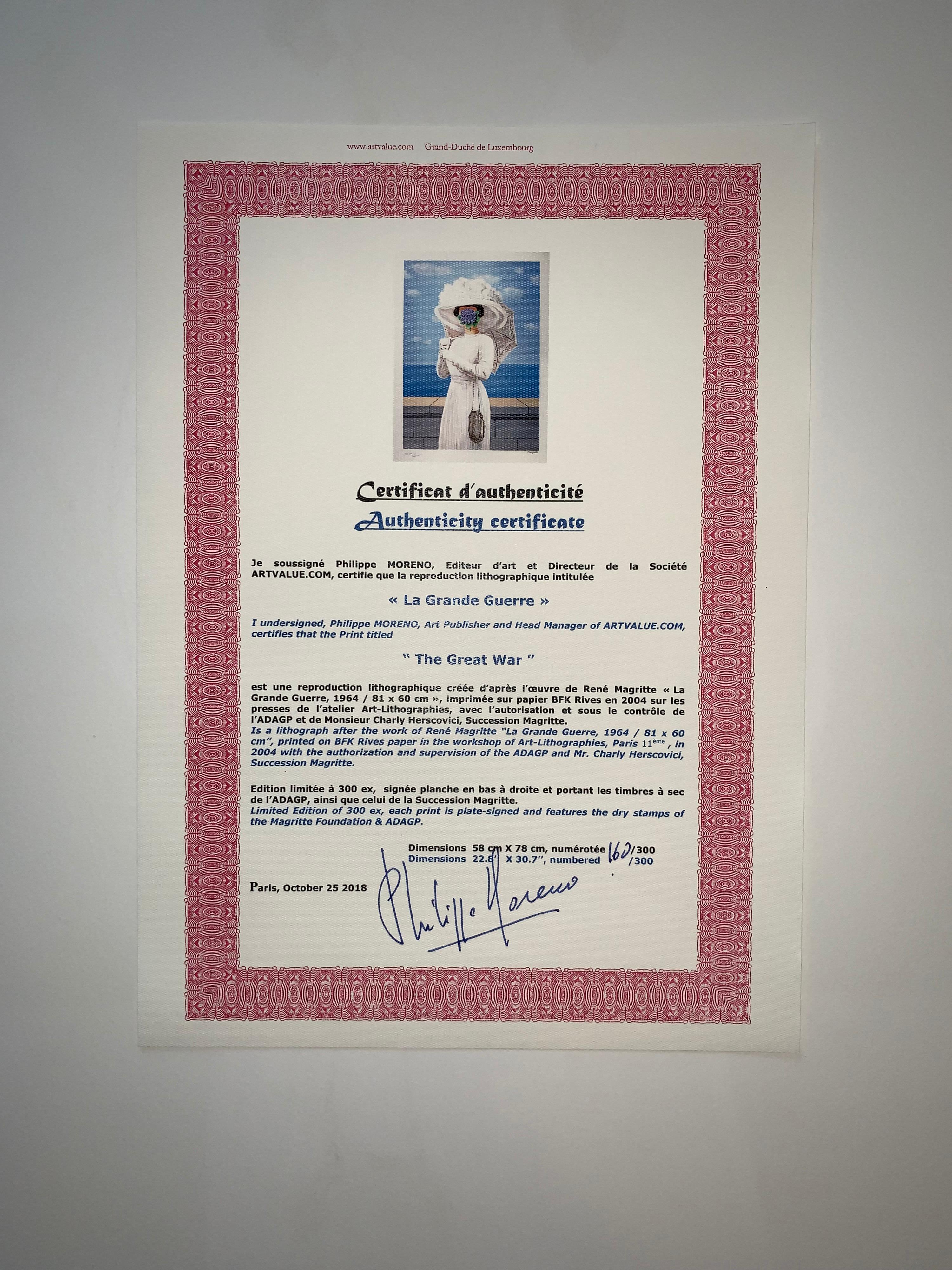 Litografía en color según el óleo sobre lienzo de 1964 de René Magritte, impresa con la firma de Magritte y numerada a partir de la edición de 300 ejemplares. 
La litografía lleva los sellos secos de la Fundación Magritte y la ADAGP y está