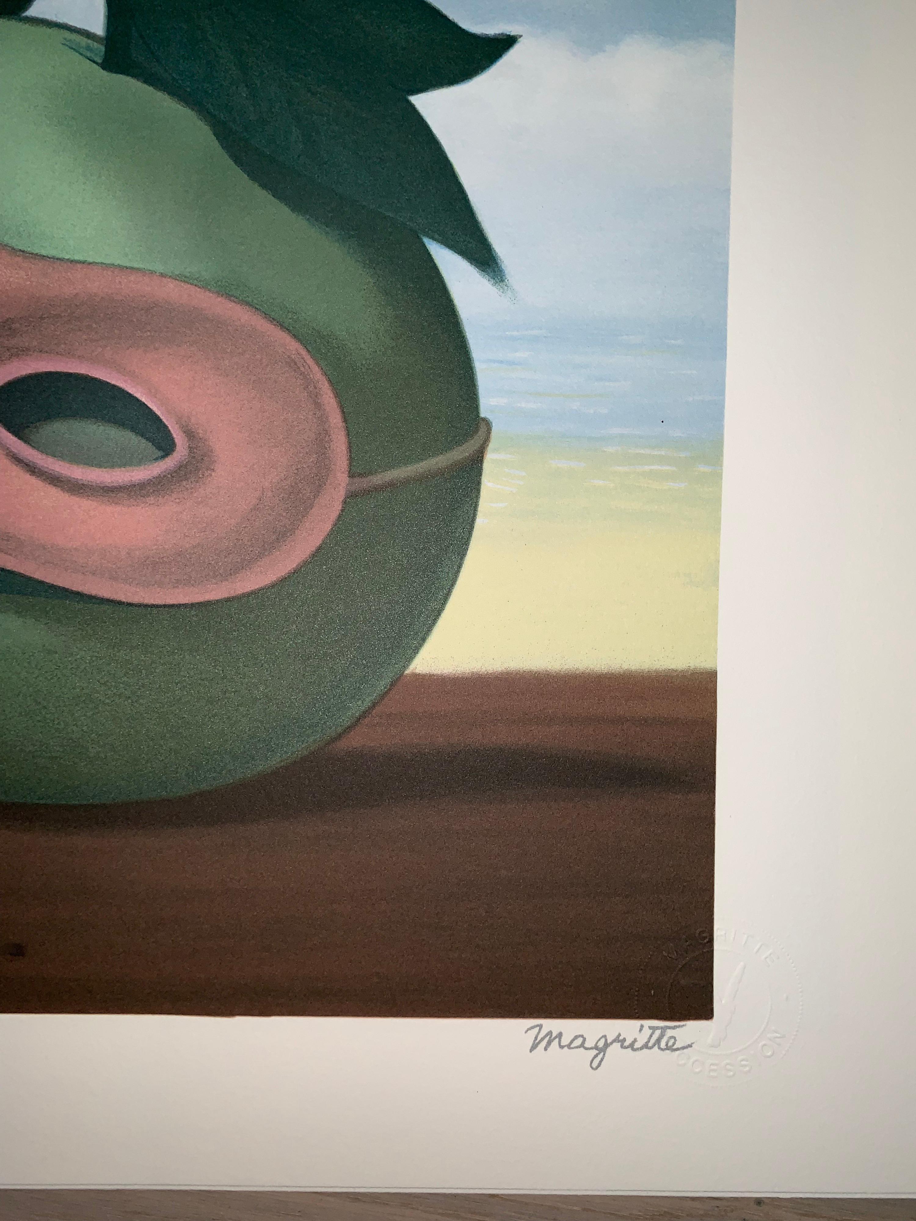 Numbered: 138/275
Color lithograph after the 1950 oil on canvas by René Magritte, printed signature of Magritte and numbered from the edition of 275. 
The lithograph features the dry stamps of the Magritte Foundation & ADAGP and is countersigned in